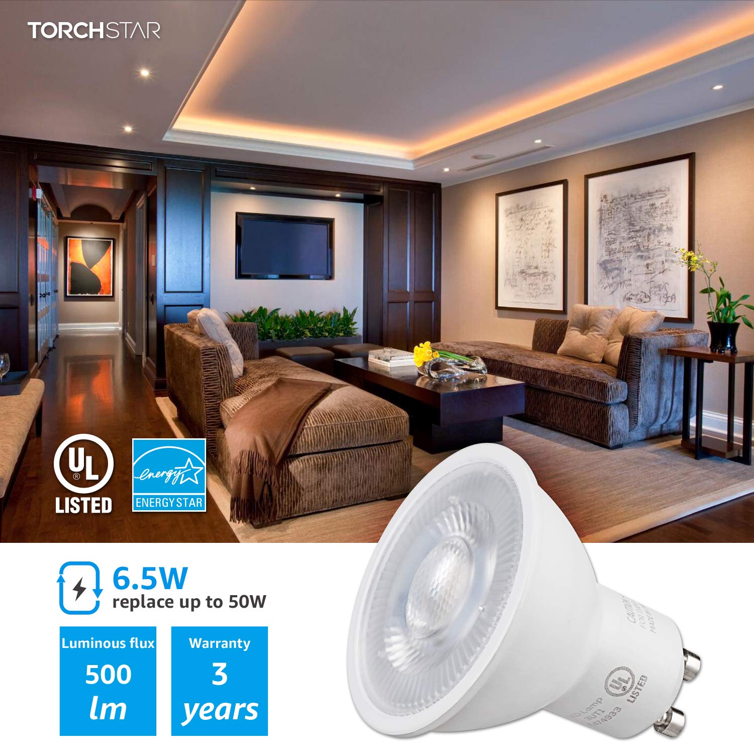 TORCHSTAR GU10 LED Bulbs 12-Pack, Dimmable 500LM, 5000K Daylight, 40° Beam Angle, MR16 Spot Light, UL Listed