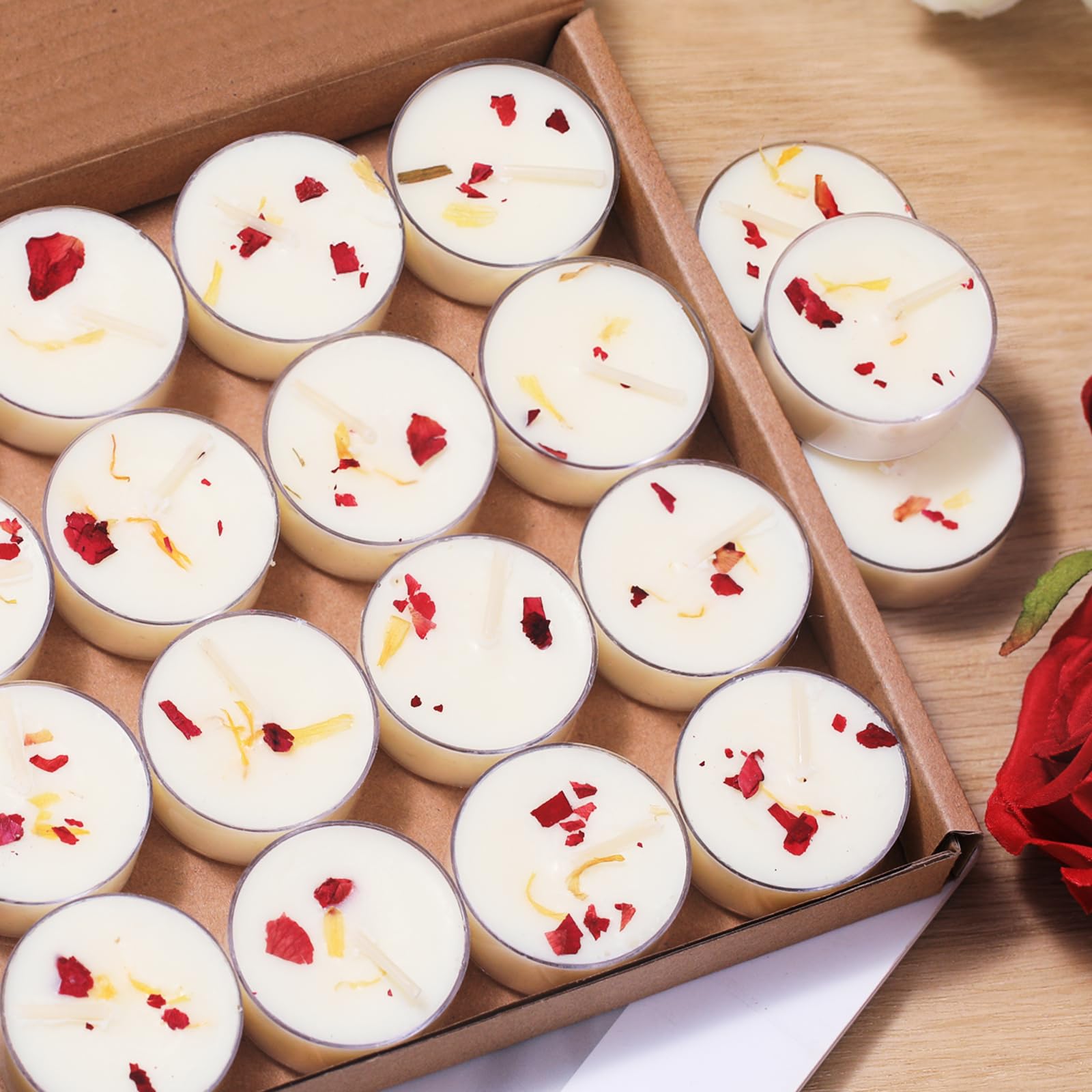 8Pcs Rose Scented Tealight Candles, Palm Wax White Tea Lights, 4h Long Burning Tea Light Candles with Dried Flowers for Holiday,