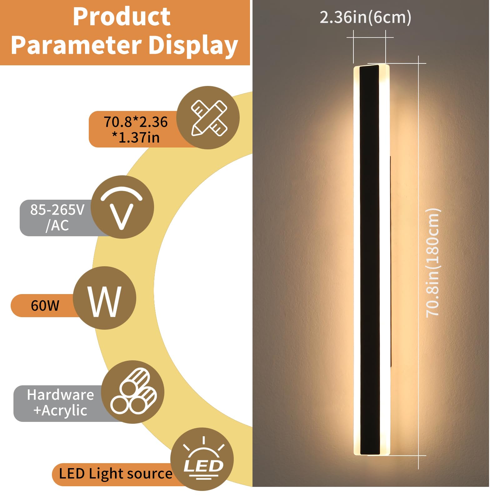 Daoseolo 71inch Dimmable LED Wall Sconce - Modern Iron Outdoor Light, 3000K-6000K, IP65 Waterproof, Remote Control