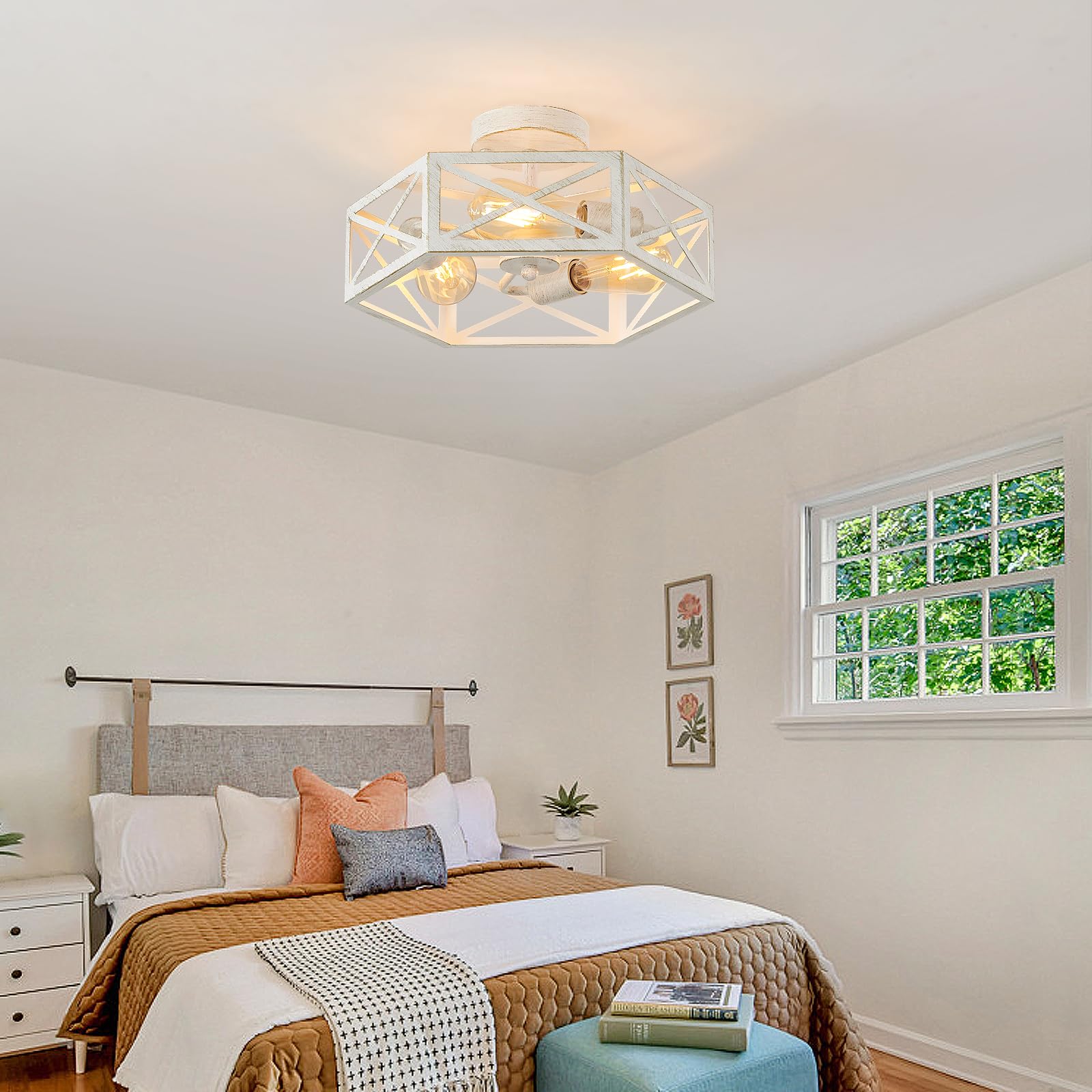 XSDeTu 3-Light Flush Mount Ceiling Light, White Metal Hexagon Cage, Modern Design for Bedroom, Hallway, Kitchen