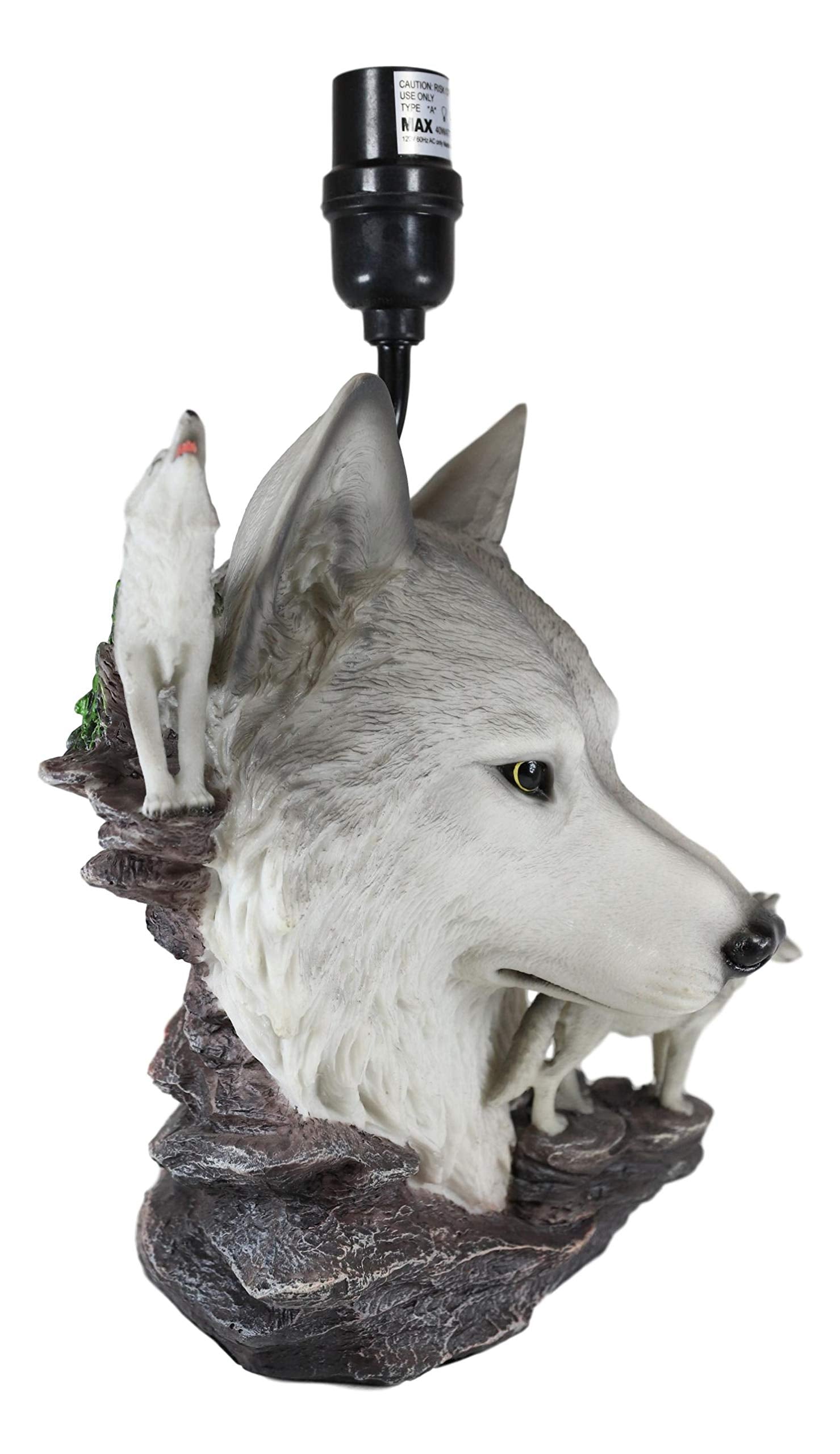 Ebros Gift Wildlife Rustic Full Moon Gray Wolf Akela Head Bust With Howling Wolves On Rocks Sculptural Desktop Side Table Lamp With Shade Home Furnishing 19"Tall Wolves Timber Wolf Family Decor Statue