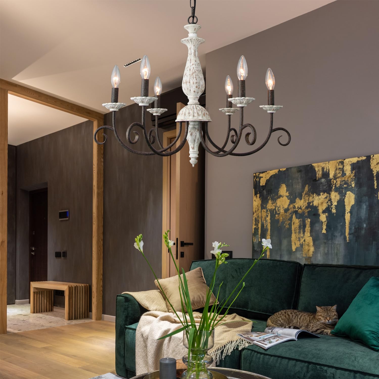 Cawabien Farmhouse Chandelier For Dining Room, 6-Light French Country Lighting Handmade Distressed White Wood Candle Chandelier