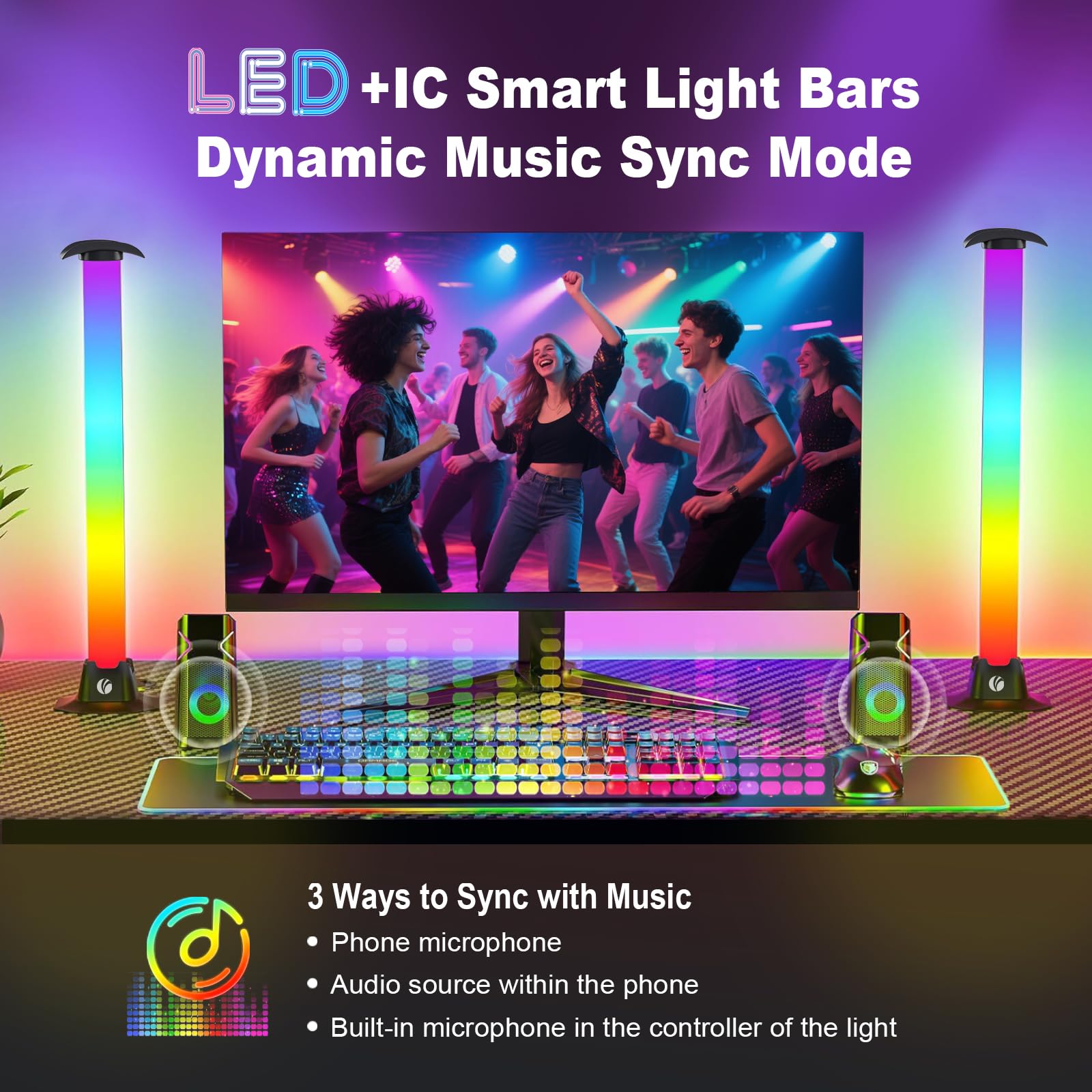 VCOM RGB Light Bar,27.5cm Music Sync RGB IC LED Lights Bars,Color Changing TV Backlight App & Remote Control, USB Powered Ambien