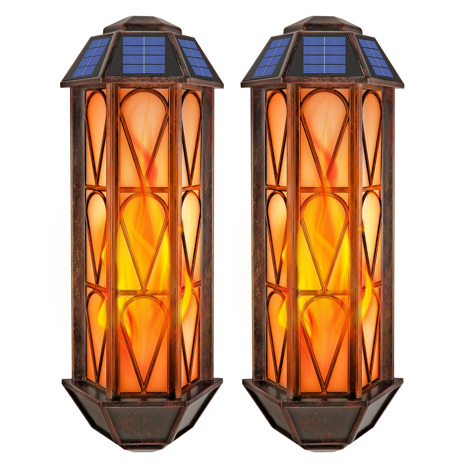Solar Flame Wall Sconce Lights Outdoor  74 LED Flickering Flame Sconces  Solar Powered Auto On/Off  Waterproof Wall Lanterns for House Garage Doorway Garden Porch Patio Yard Decoration (2 Pack)