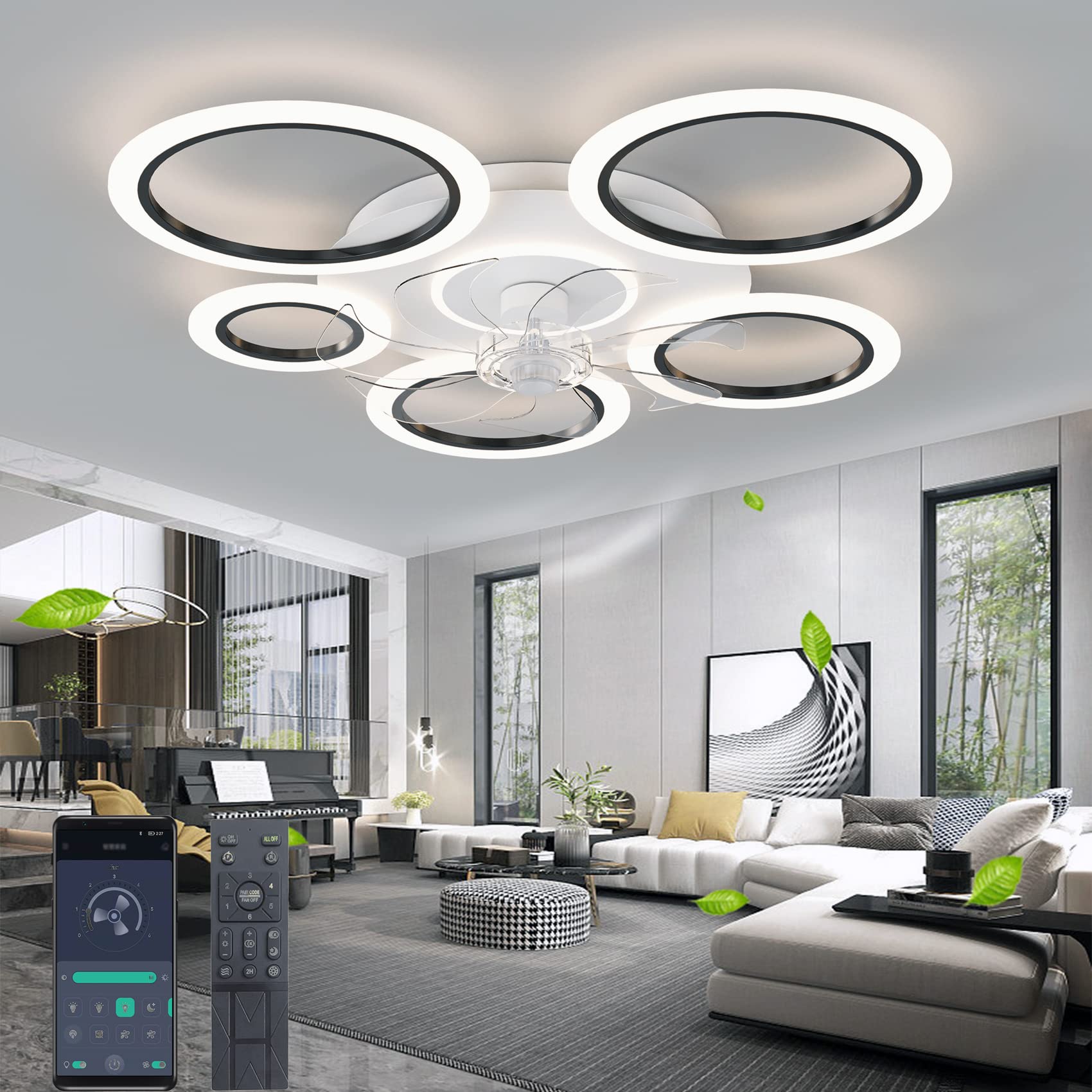 Pengma Ceiling Fan with Lights Mute Fan 35.43,80W Light Dimmable, Color Temperature Adjustable, 6-speed Low Profile ceiling fans
