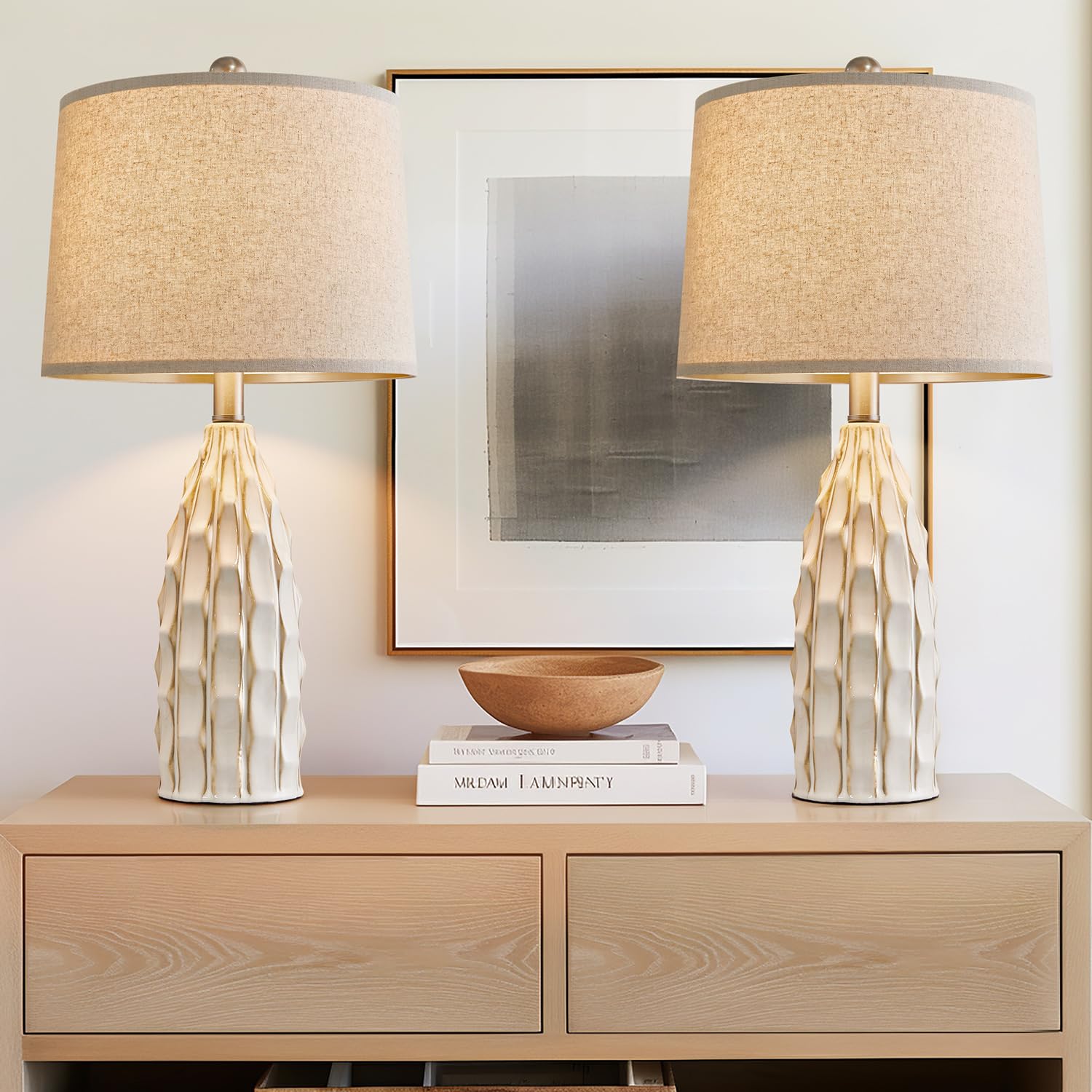 USumkky Ceramic Table Lamps Set of 2, 23.75-inch Cream Bedside Lighting for Living Room and Farmhouse Nightstands, Model YM-AMZ-T1090CR-A