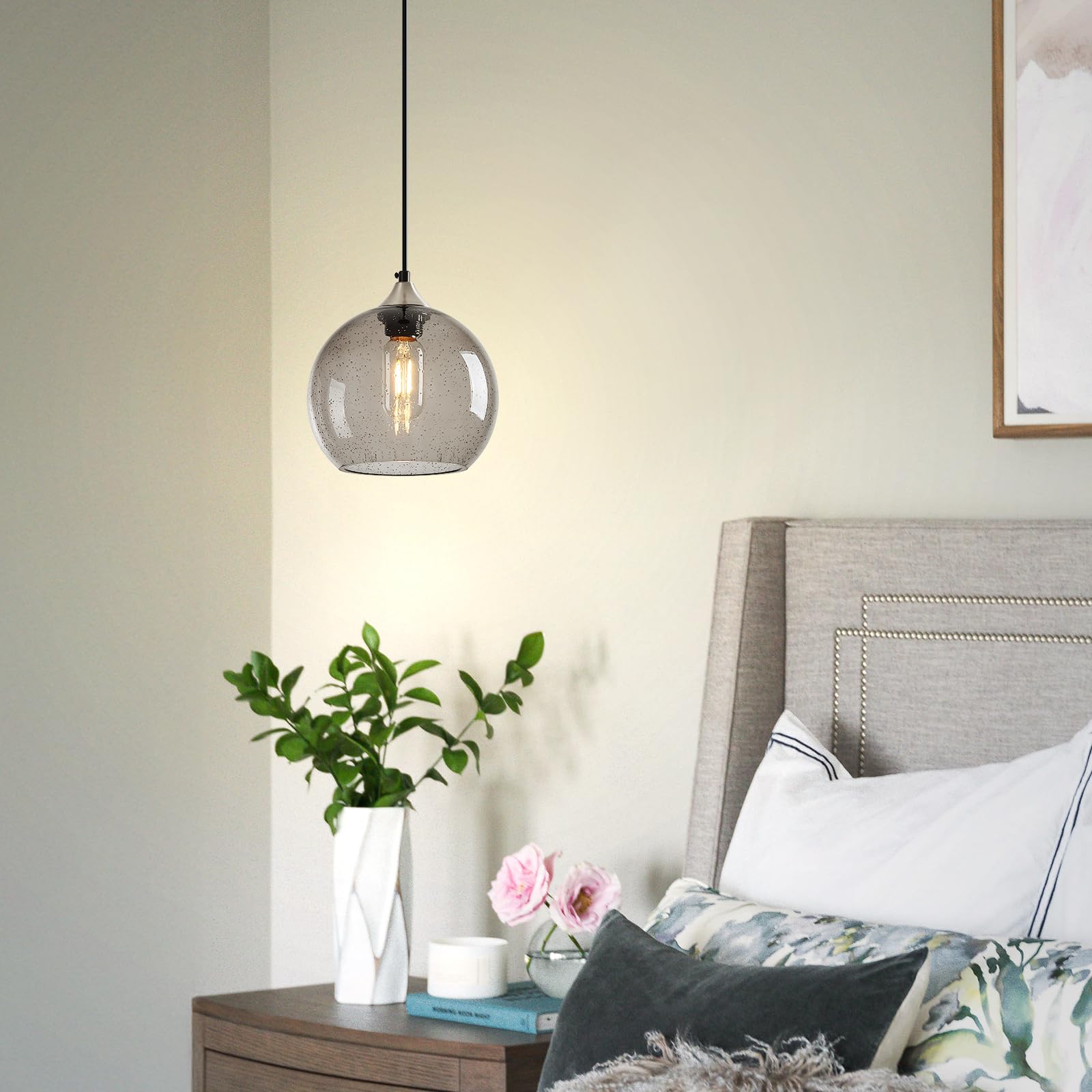 Lbsqj Light Grey Glass Pendant Lights Kitchen Island Lighting Globe Pendant Light Fixtures Modern Pendant Lighting For Bedroom Living Dining Room Light Fixture (7.87 In  1 Pack)