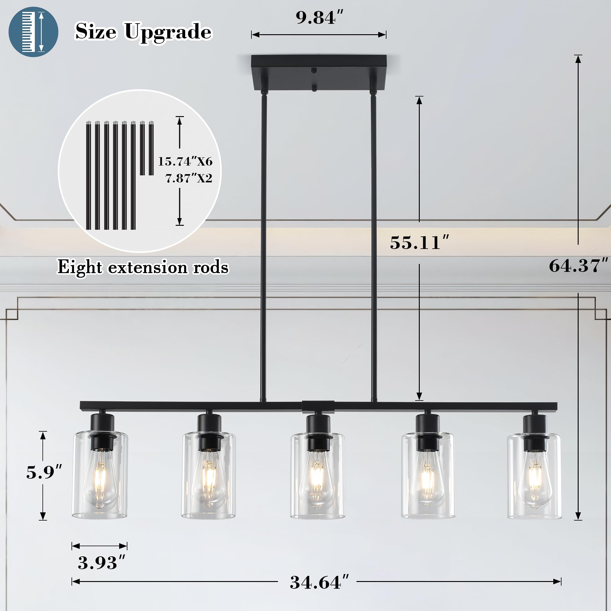 Yarlkav Black Linear Chandelier For Kitchen Island - 5 Light Pendant Lighting Fixture With Glass Shades, Adjustable Height Farmh