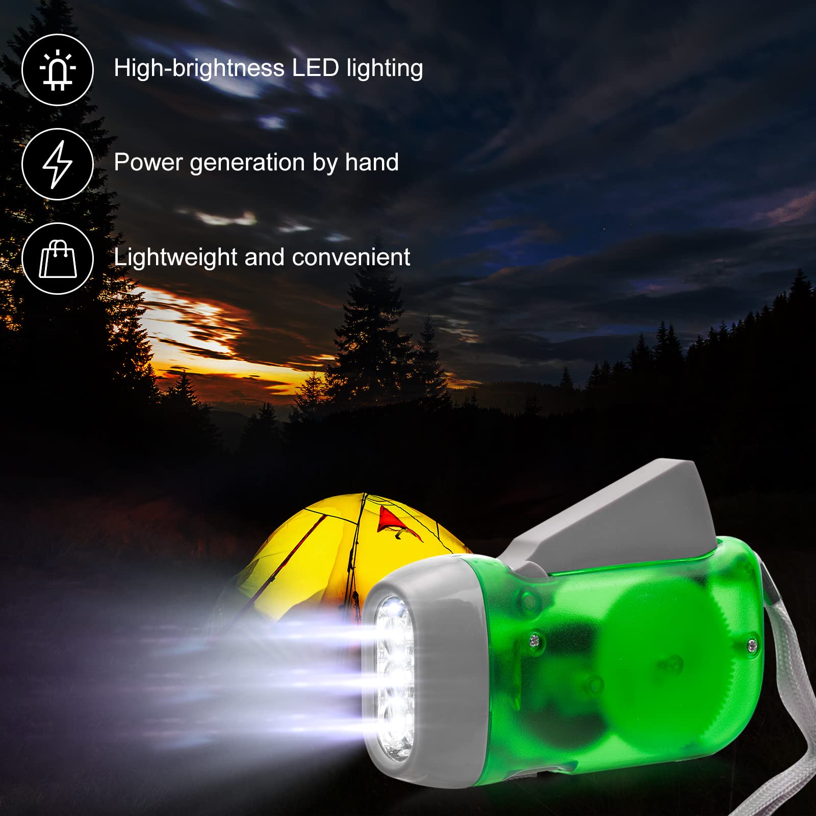 Mudder Hand Crank Flashlight with LED - Self-Powered Dynamo Torch for Camping, Emergency - Green, Grey, Blue, Red, Model CL-Mudder-492520