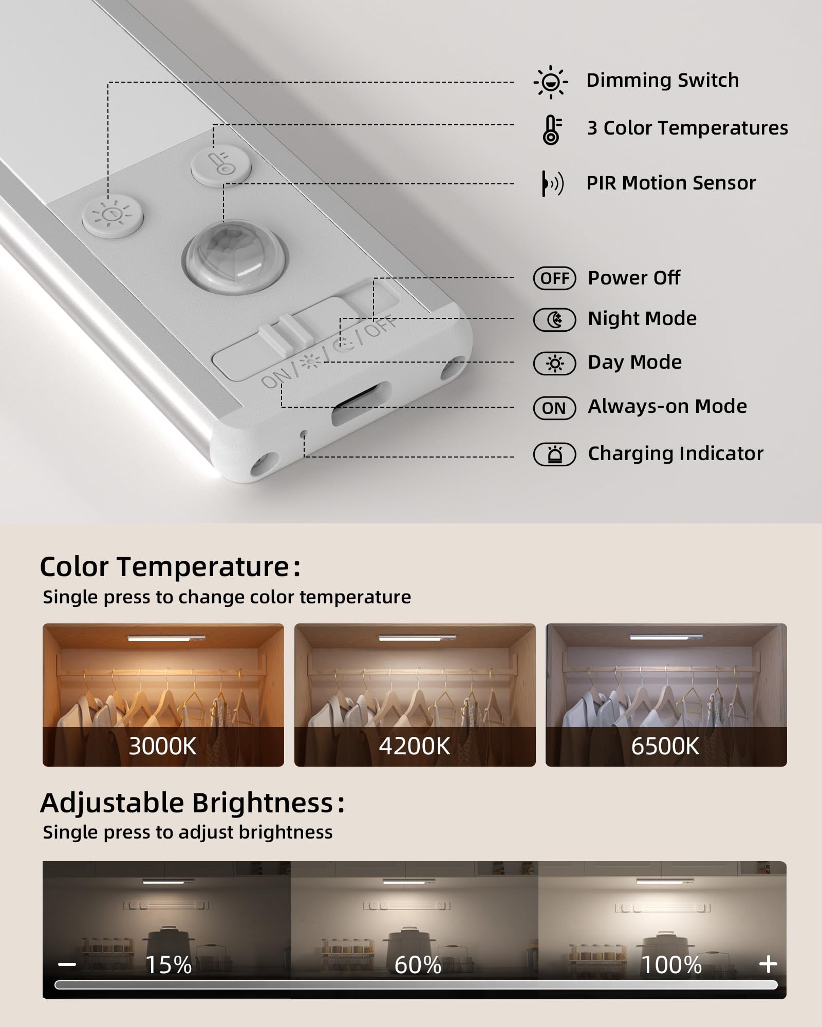 Ezvalo 134 Led Under Cabinet Lights, 3200Mah Rechargeable Motion Sensor Light Indoor With 3 Color Temps, Dimmable Closet Lights Wireless,Under Counter Lights For Kitchen, Wardrobe, Stair (2 Pack)