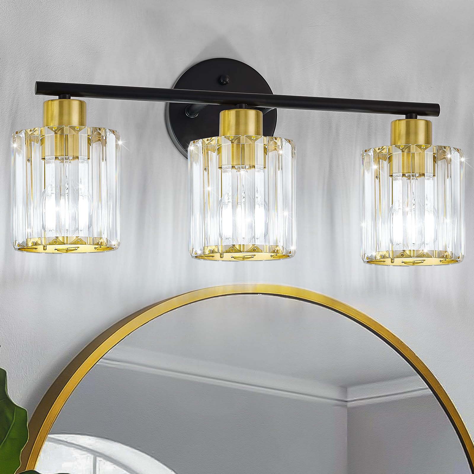 Kvhiiw Crystal Bathroom Light Fixtures, Bathroom Lighting Fixtures Over Mirror, Modern Black Gold 3-Light Vanity Lights for Mirr