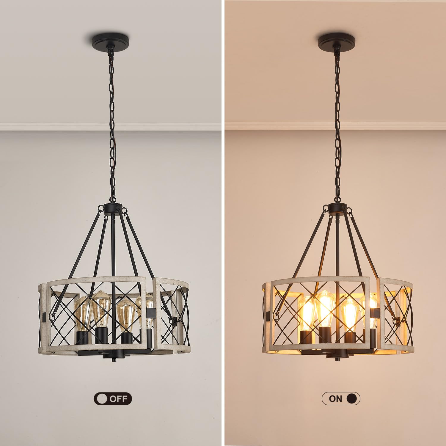 SANTOSTOCK D19'' Farmhouse Chandelier, 4-Light Rustic Light Fixture, Black & White Oak, Adjustable for Dining Room, Entryway, Bedroom