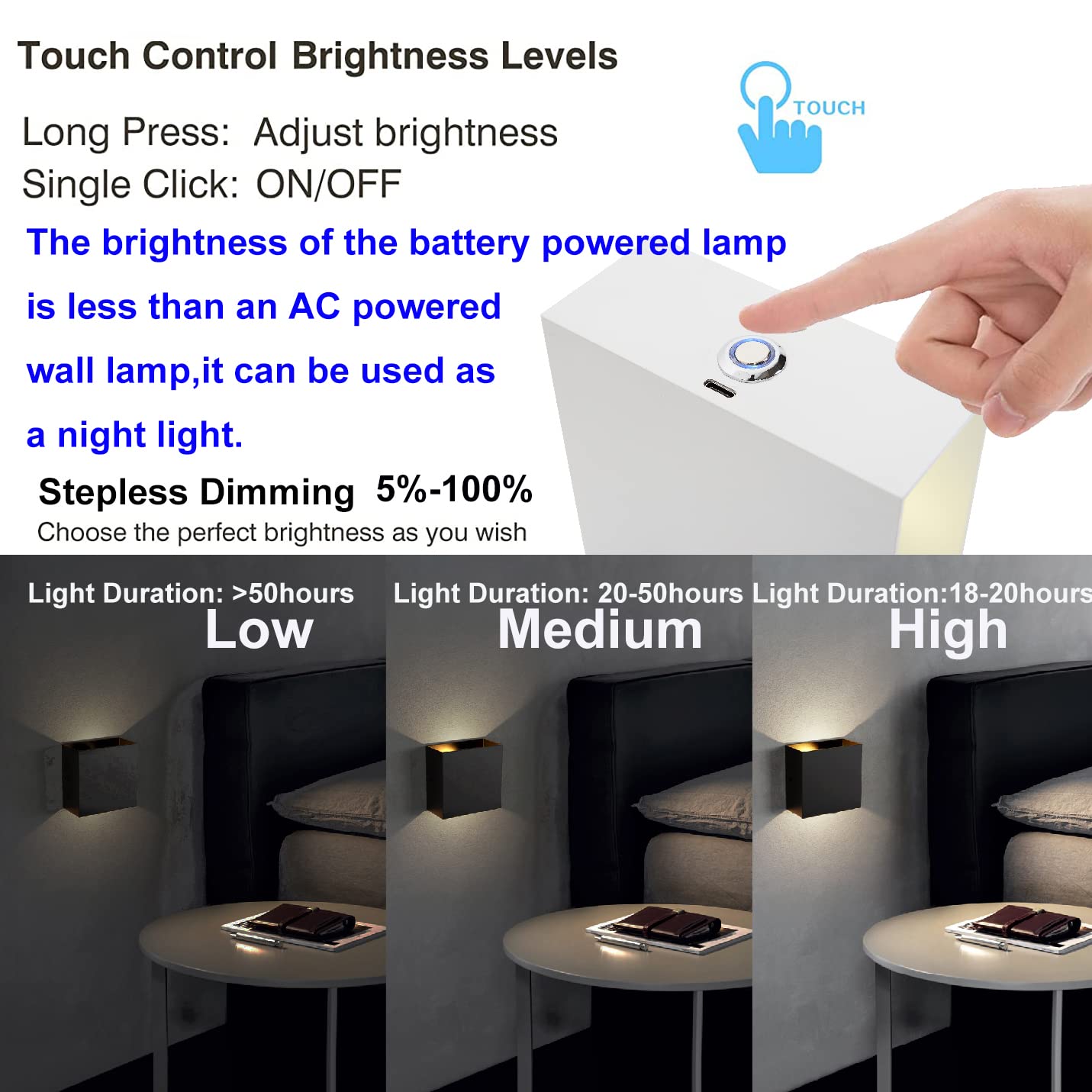 ZYI Indoor LED Wall Lamp with Touch Switch, Cordless Lamp Rechargeable USB Wall Sconce Lights Battery Powered Bedside Lamps for