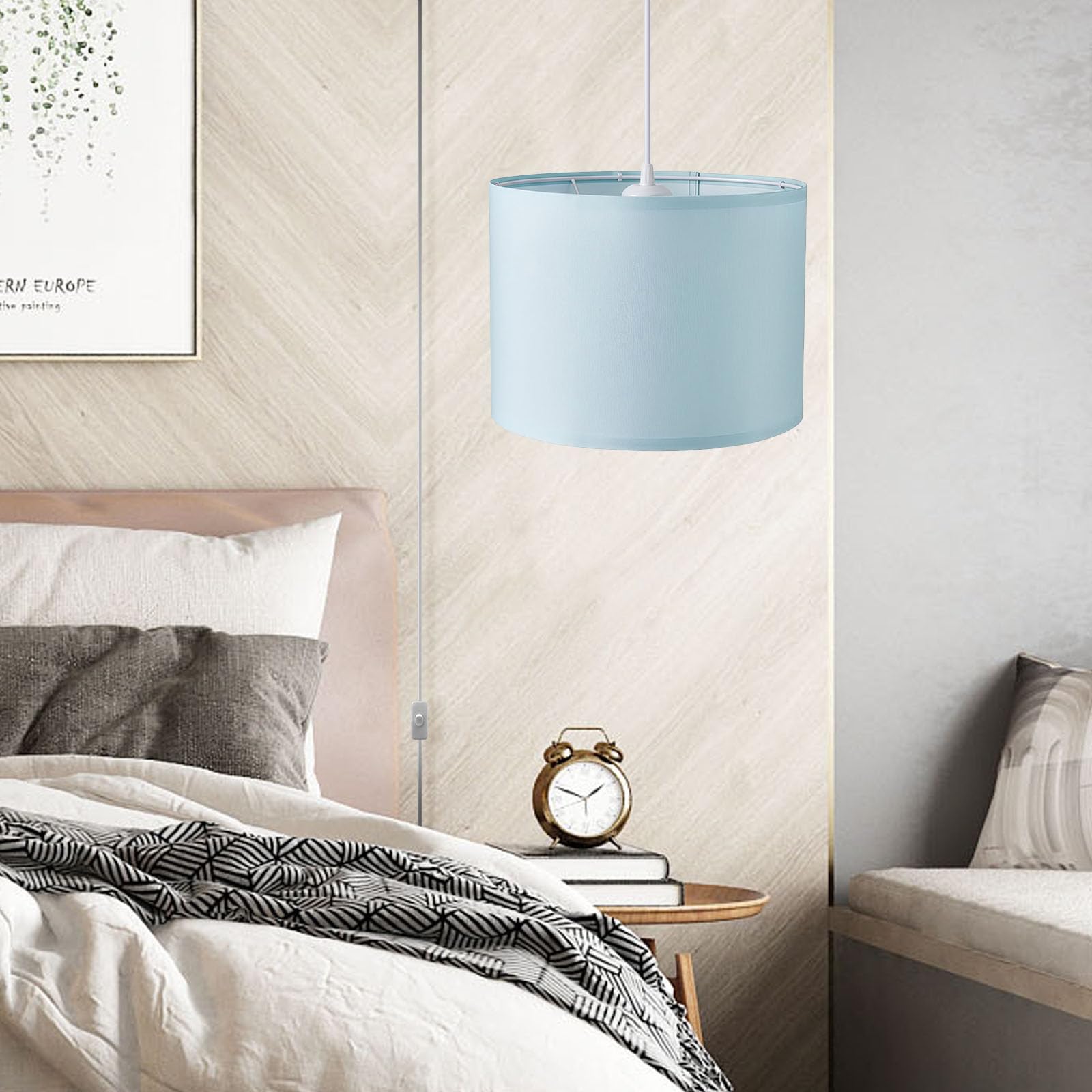 KUAUGST Plug in Pendant Light, 15 FT Hanging Lamp with Fabric Shade, Blue, Metal, Model: Plug in Pendant Light-05