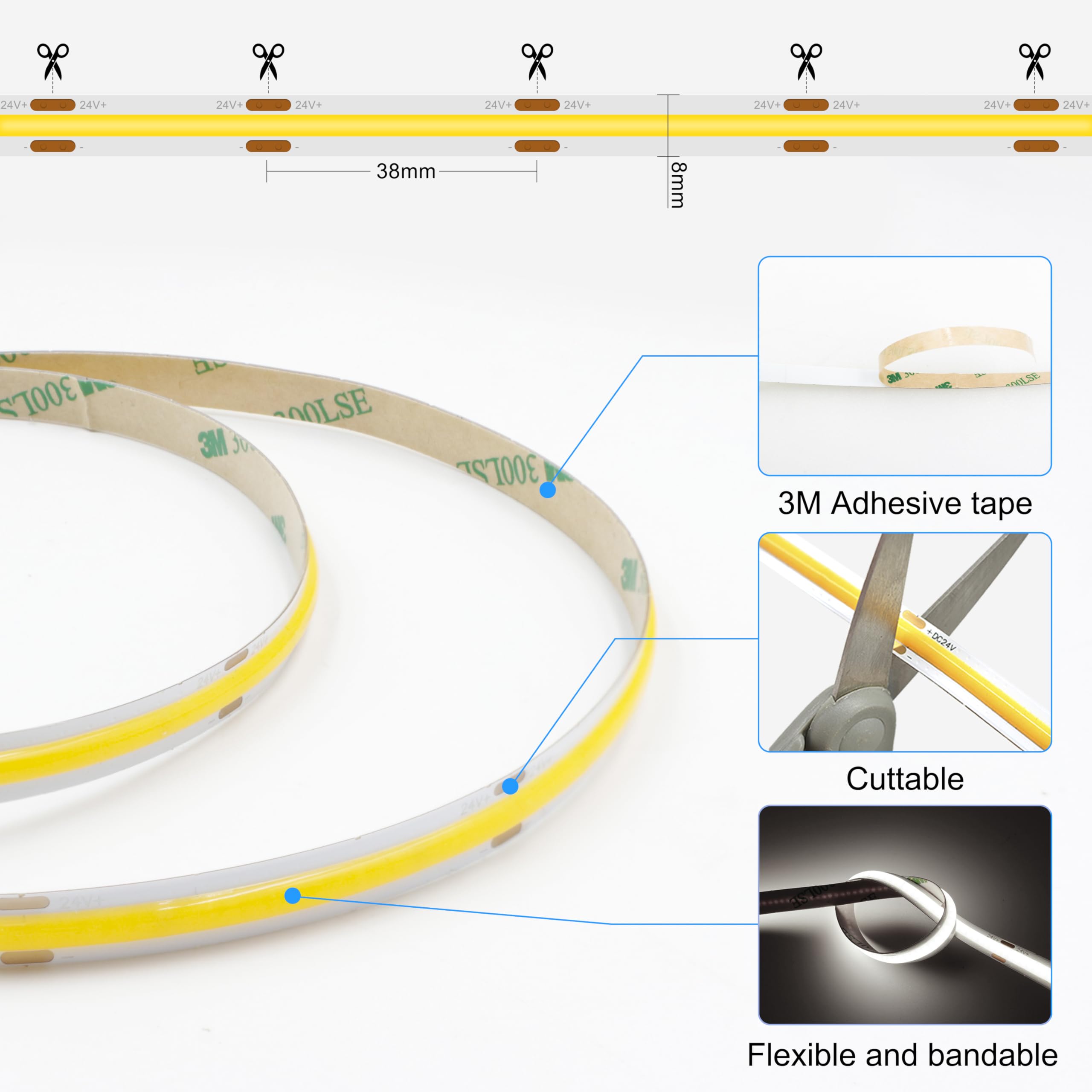 Axmotut Dimmable Cob Led Strip Lights 32.8Ft, 4000K Natural White 24V Cob Strip Light, 3200 Leds Flexible Cri 93+ Cob Light Strips For Room, Mirror, Kitchen, Bedroom