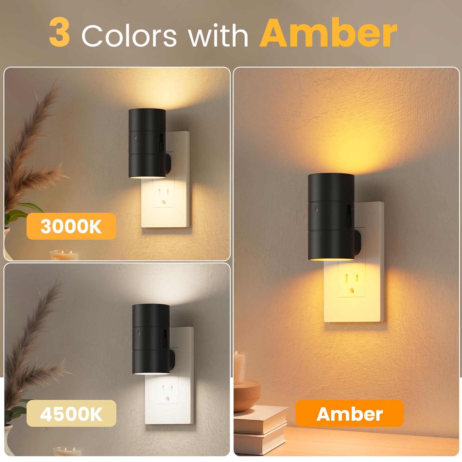 VOLISUN Dimmable LED Night Light, 0-100LM Adjustable Brightness, 2 Pack, Black, Amber/3000K/4500K, Model XYD001-amber