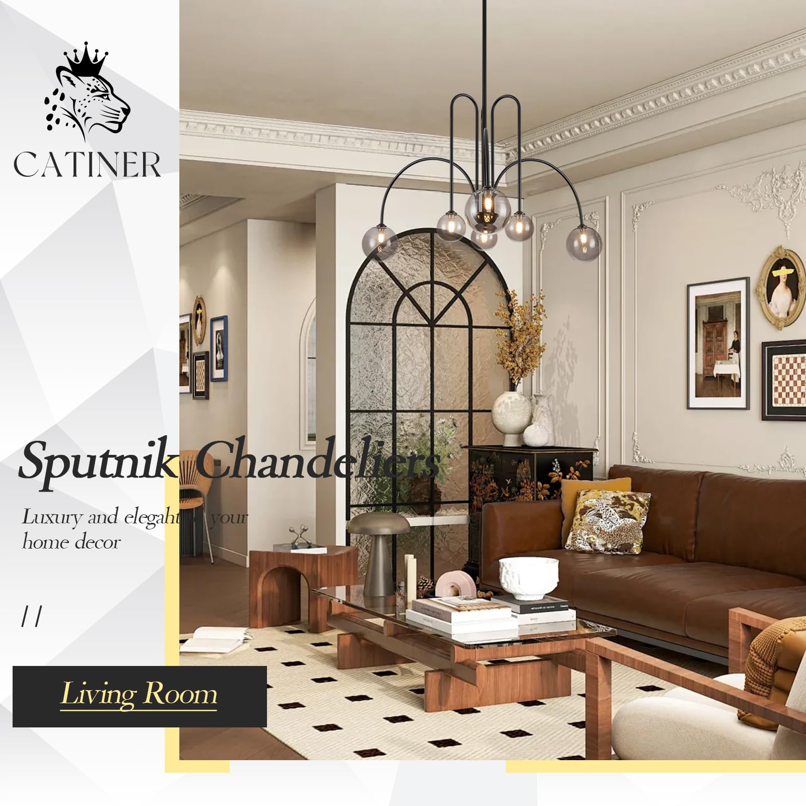 CATINER Black Sputnik Chandelier, 6 Lights, Mid Century Design, Smoke Glass Globe Shades, L40” for Living Room, Foyer, Bedroom