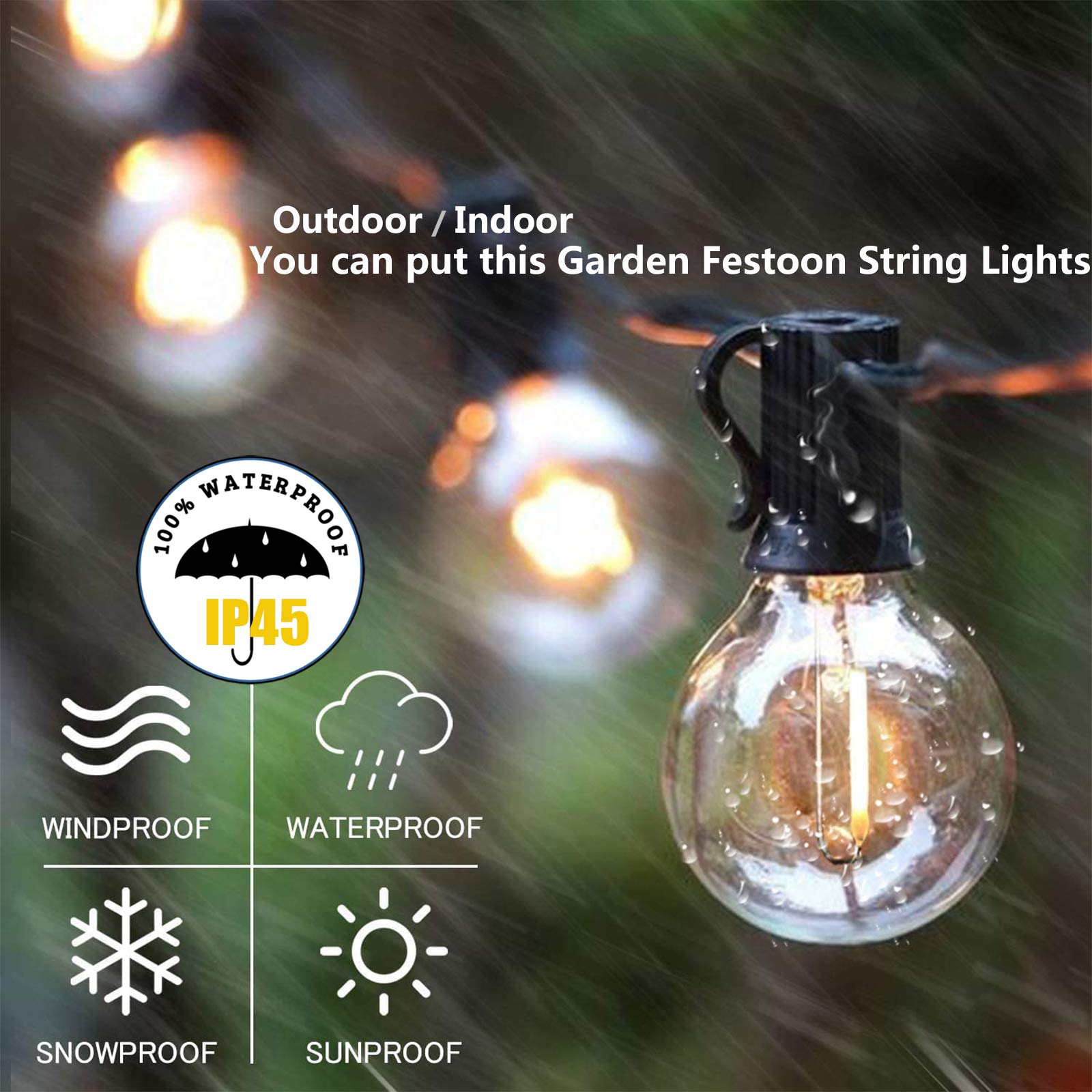 Meidaoduo Outdoor String Lights 50Ft G40 Led Globe Bulbs - Shatterproof, Connectable, Waterproof - 27 Bulbs (2 Extra), 25 E12 Ha