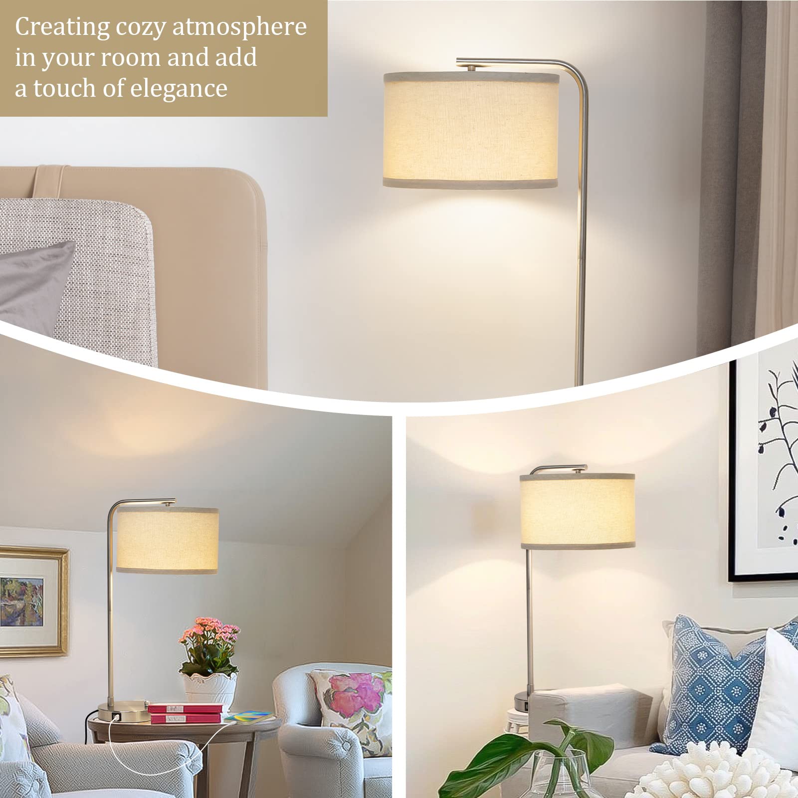 Table Lamp For Living Room, Modern Bedside Lamp With Dual Usb Ports, Fully Dimmable Nightstand Lamp With Beige Drum Shade, Silve