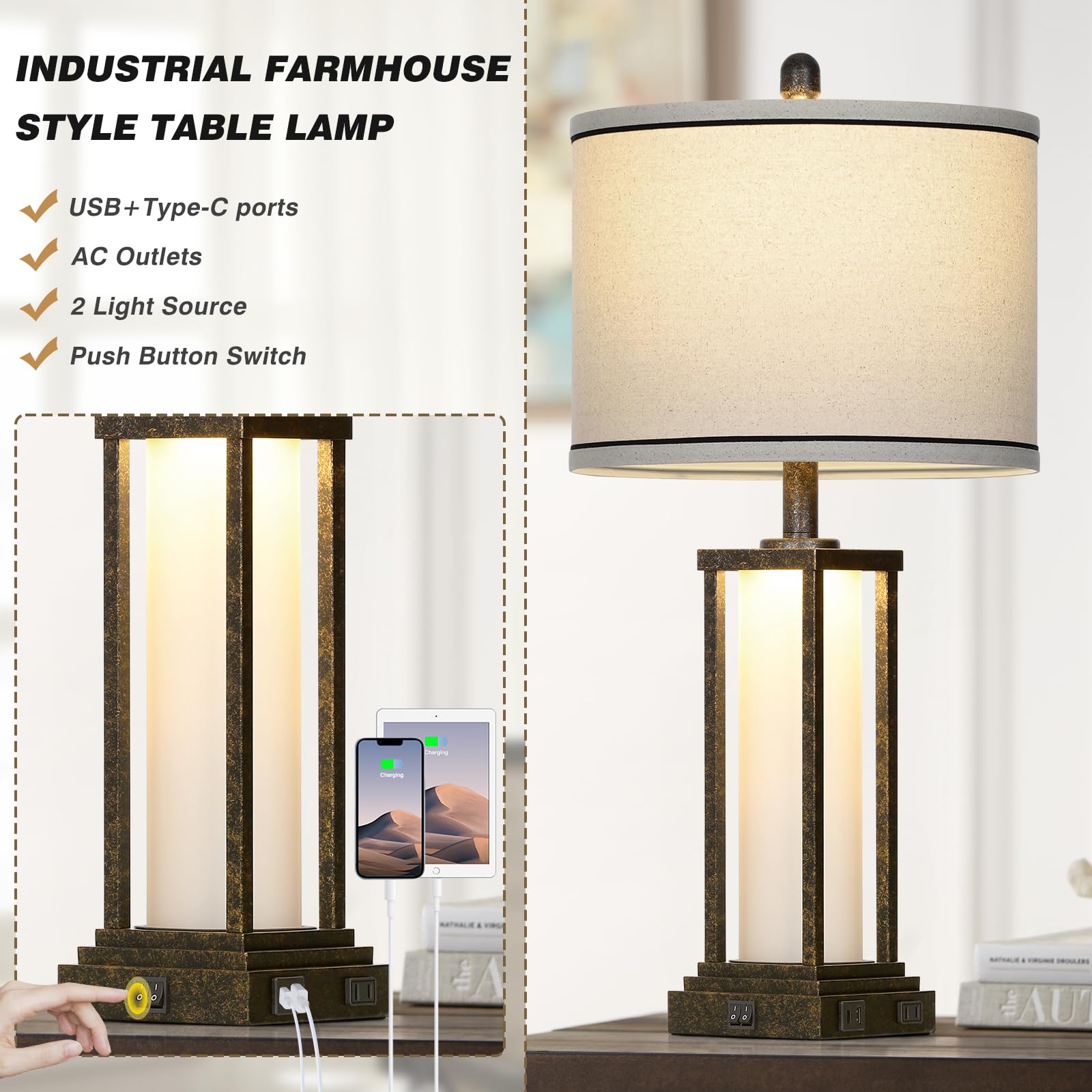 Cinkeda 27'' Tall Vintage Table Lamp With Usb C+A & Outlet,Bronze Industrial End Table Lamp For Living Room,Farmhouse Rustic Bed