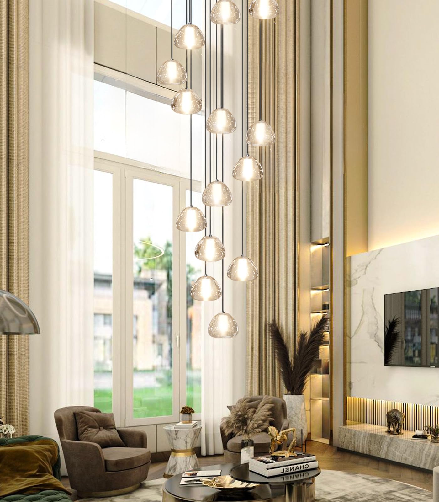 dolria Modern Crystal Chandelier - 14-Lights Round, Black LED Lighting Fixture for Staircase, Foyer, Living Room - Model PC0010-14B