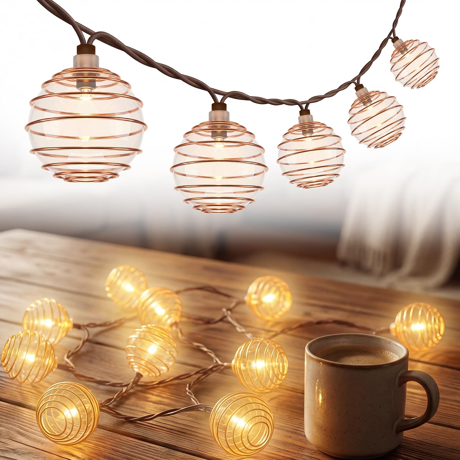 SUNSGNE Brown String Lights, Decorative Globe String Lights Plug in with 10 Brown Steel Ball, Connectable Waterproof Outdoor Ind