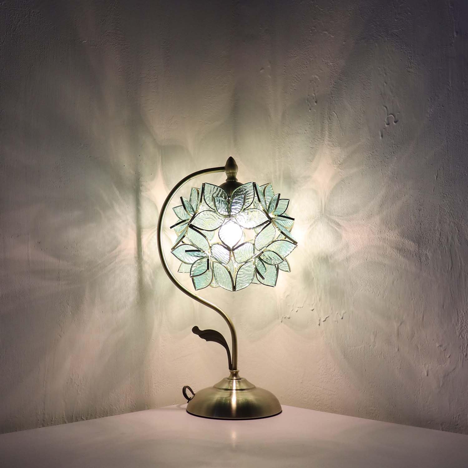 Bieye L10960 Tiffany Style Stained Glass Flower Petal Table Lamp With Brass Base For Home D  Cor (Light Blue, 8'' Rose Lily)