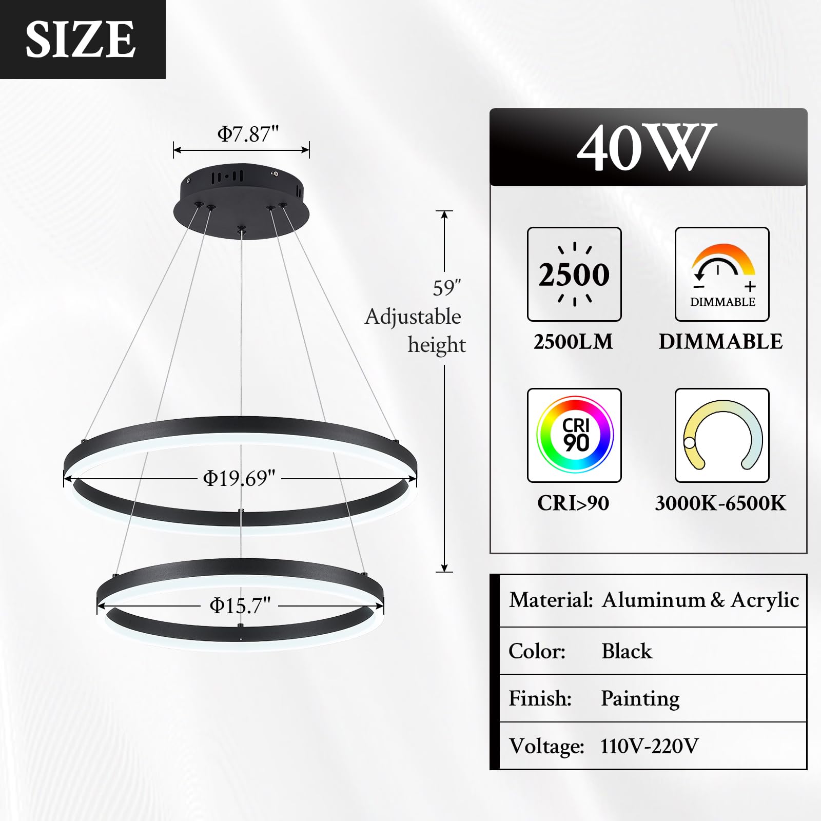 Sparklelf Modern LED Chandelier Pendant Light, Black, 2 Rings, Remote Control, Circular Flush Mount, 3000K-6500K for Living Room, Bedroom, Dining Room