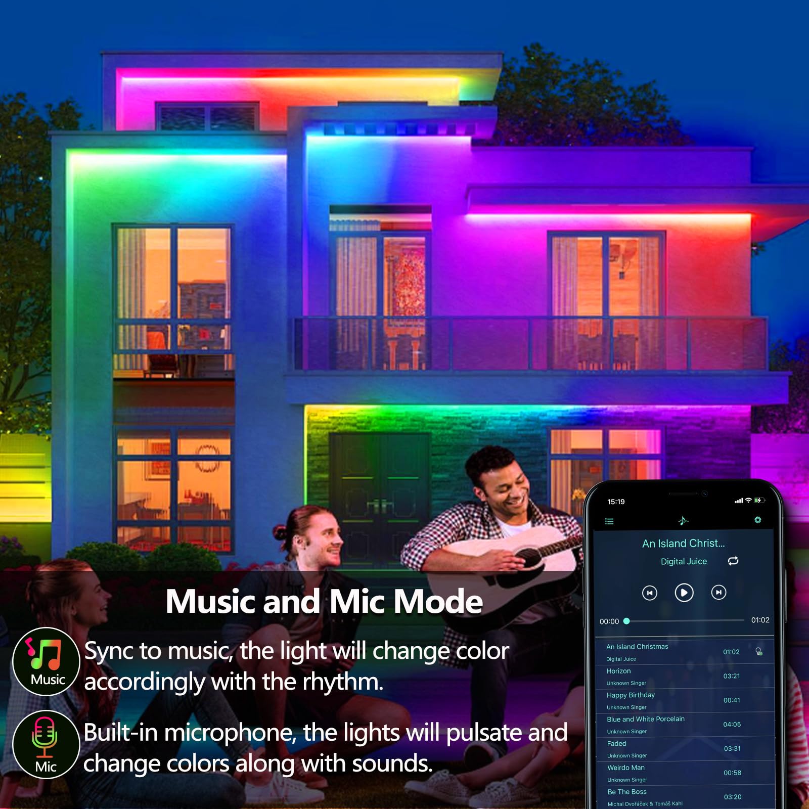 Bvokon LED Strip Light 65.6FT IP68 Waterproof RGBIC Multicolor with App/Remote Control for Outdoor Use