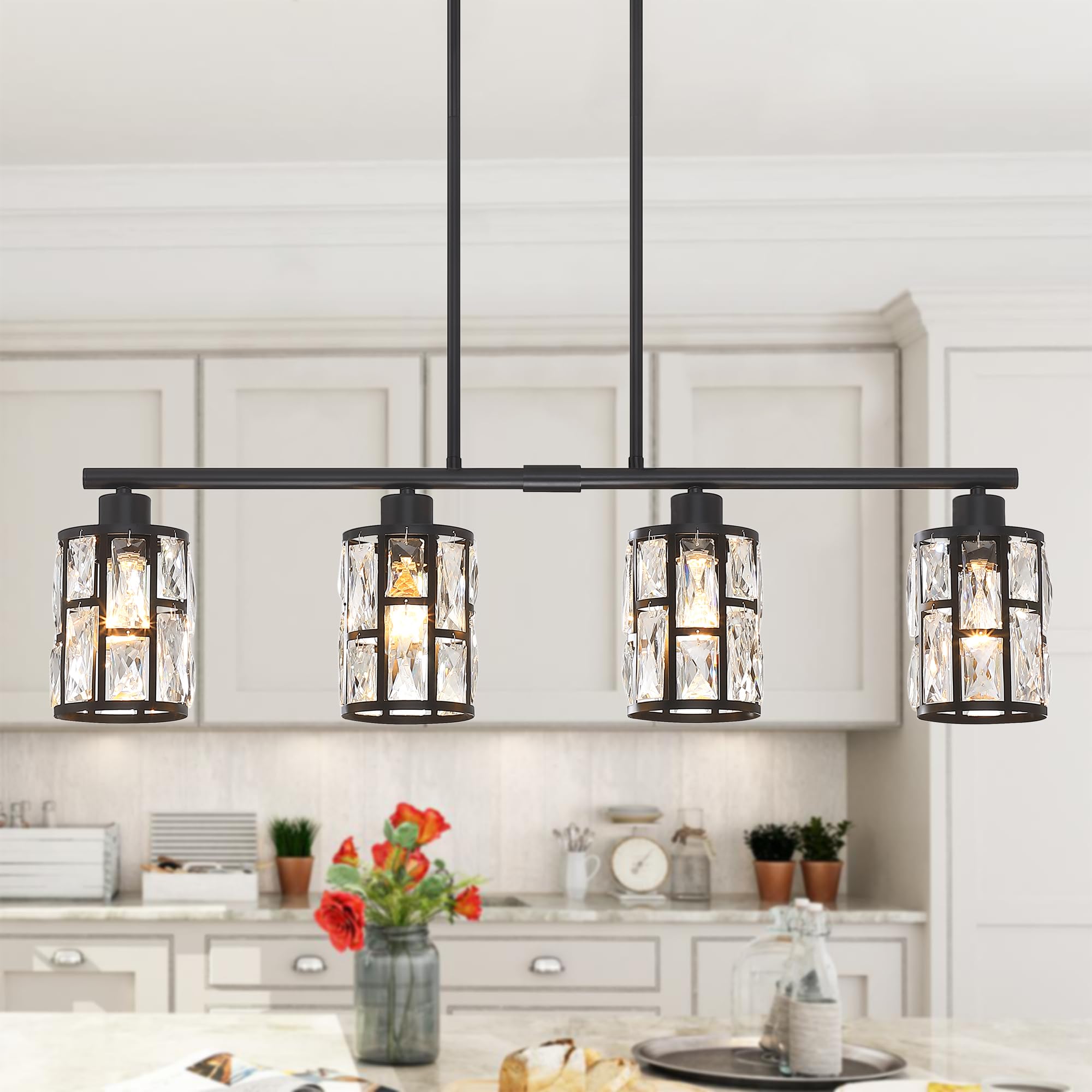 MEXO Crystal Pendant Light Fixture, Matte Black Chandelier for Kitchen Island, Model 10068-BK, Close to Ceiling Lighting