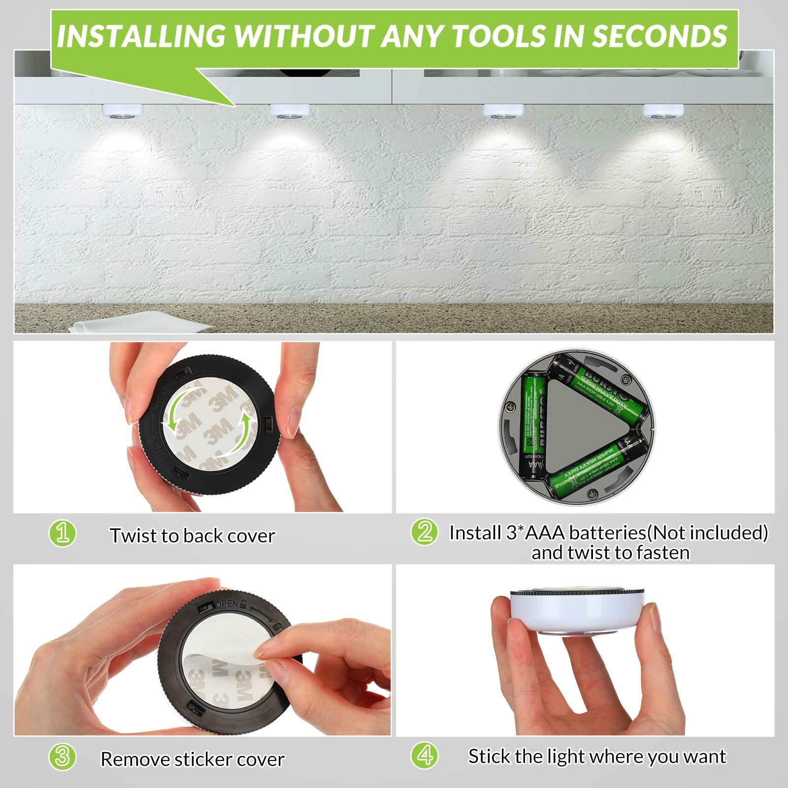 Macarrie 24 Pcs LED Puck Lights - Wireless, Battery Operated, 60 Lumens, Touch Control, White for Under Cabinet and Closet Lighting