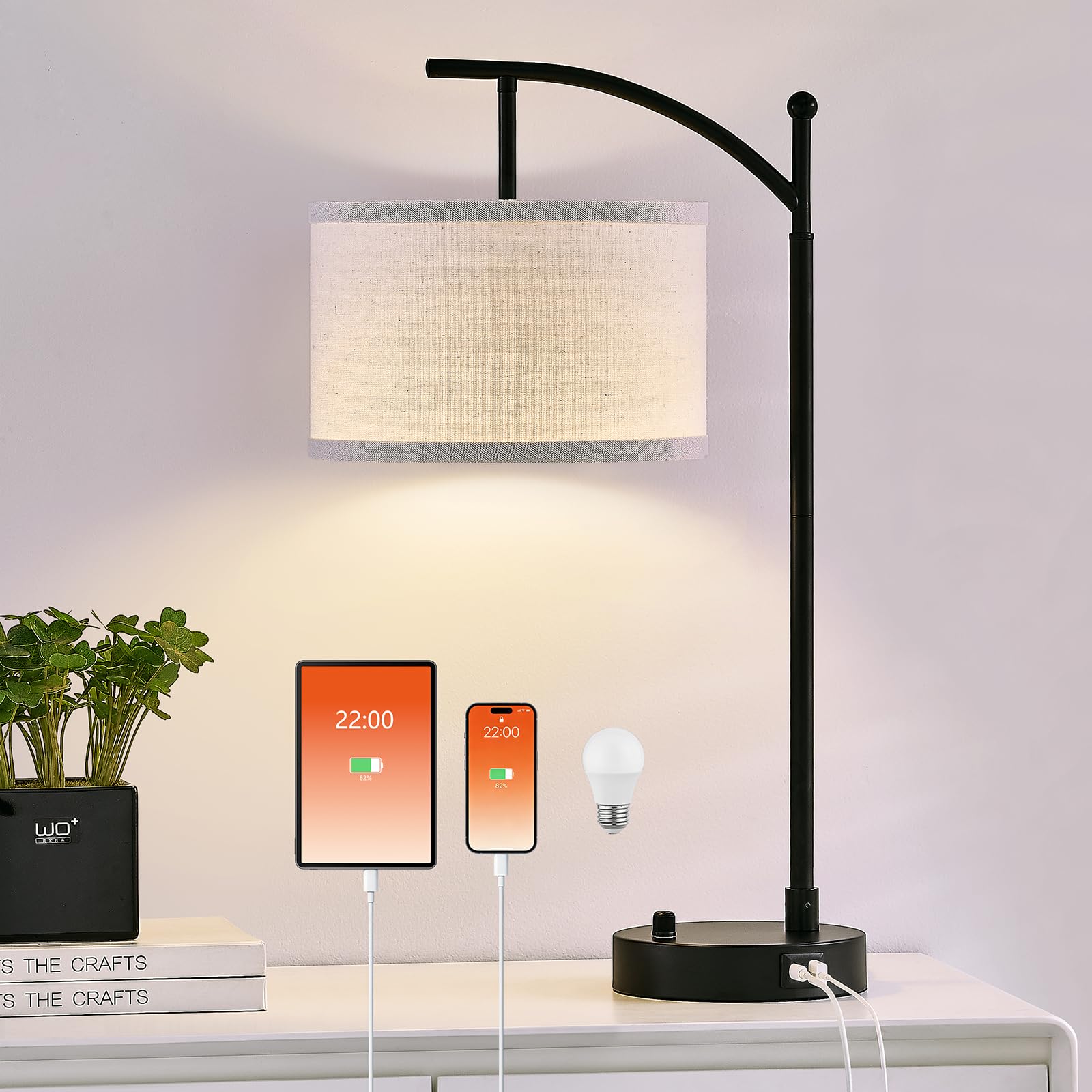 Hikczc Table Lamp for Living Room Bedroom  23.5 Table Lamp with USB C+A Ports  Bedside Lamp for Nightstand with Linen Lamp Shade  Dimmable LED Bulb Included