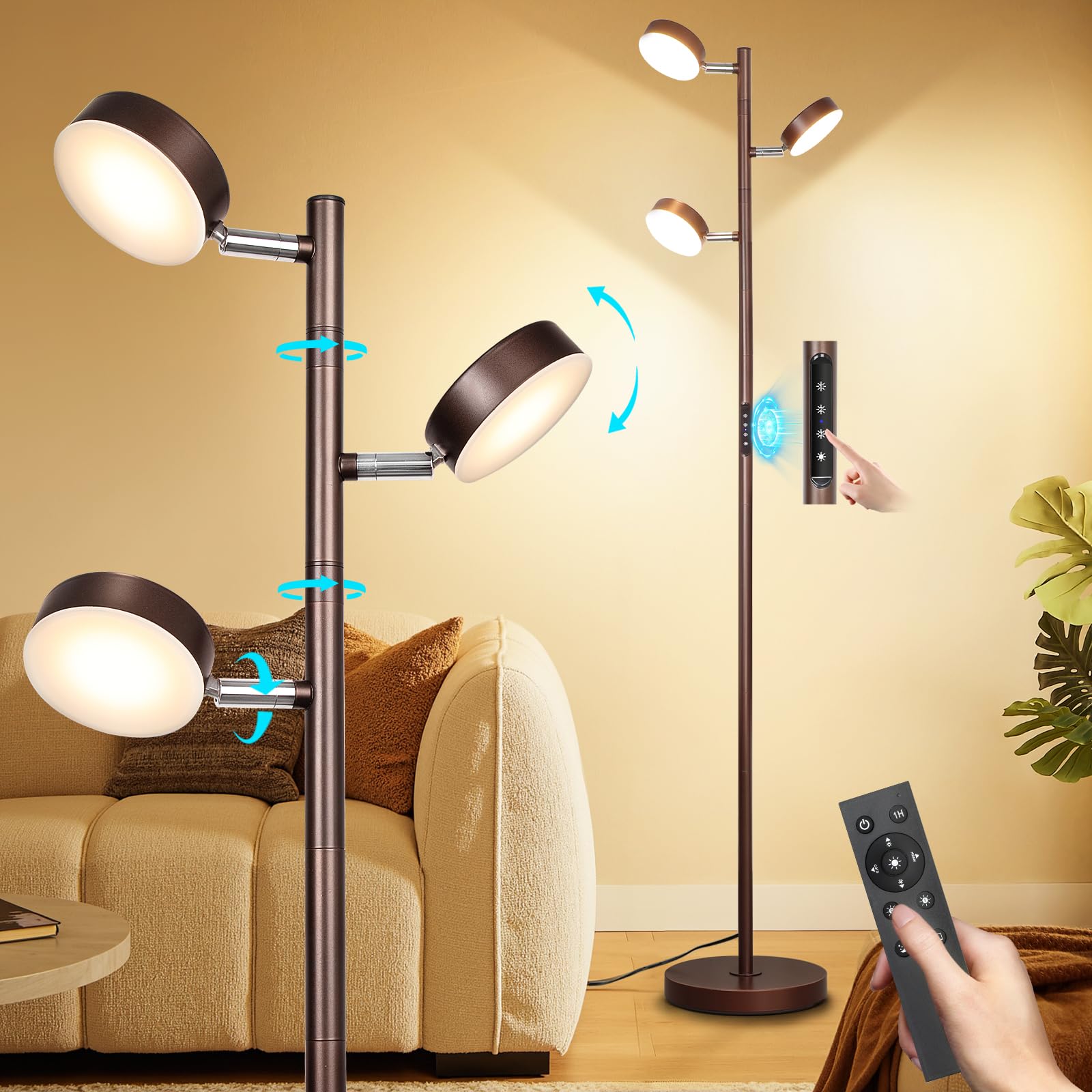 Benaep Tree Floor Lamp for Living Room - Modern Brown Standing Lamp, LED Floor Light with Remote & Touch, 3000K-6000K Dimmable f