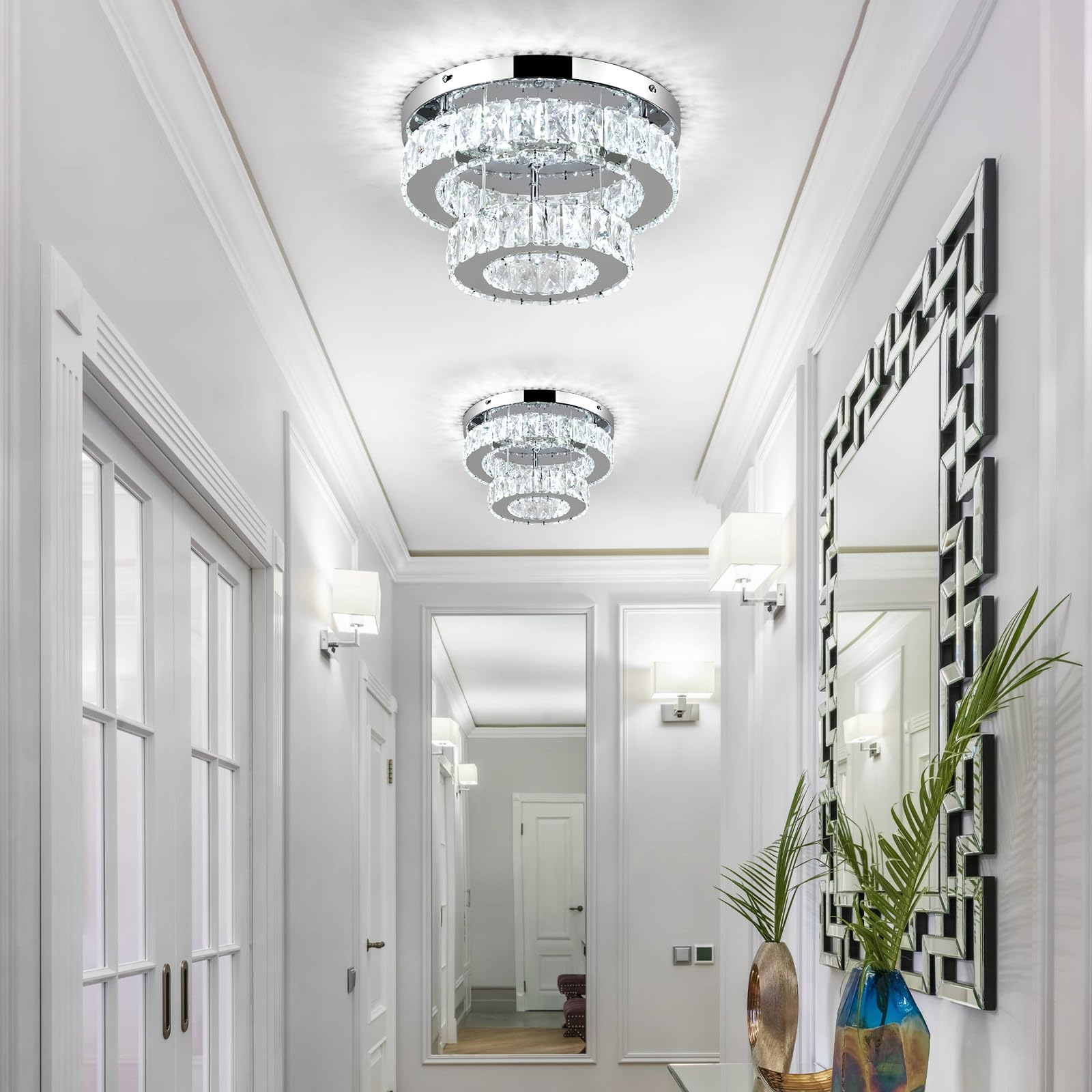LEONTYNE 12 Inch Mini Chandelier LED Crystal Ceiling Light, Modern Flush Mount, Polished Stainless Steel, Round-Cool, Model MC006-Cool-New