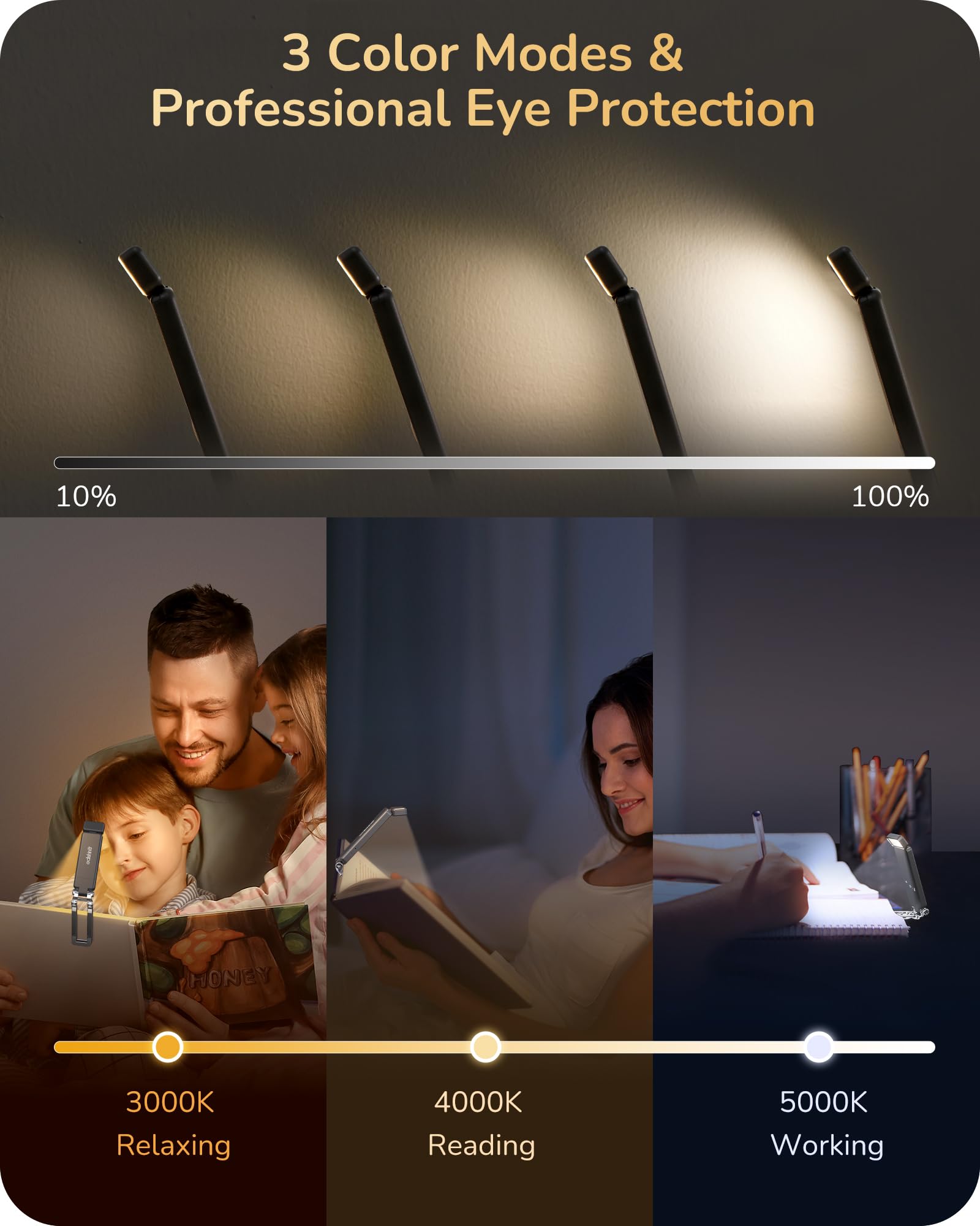 EDISHINE Book Light for Reading at Night, 3 Colors & Stepless Dimming Brightness, USB Rechargeable, LED Bookmark Lamp in Bed wit