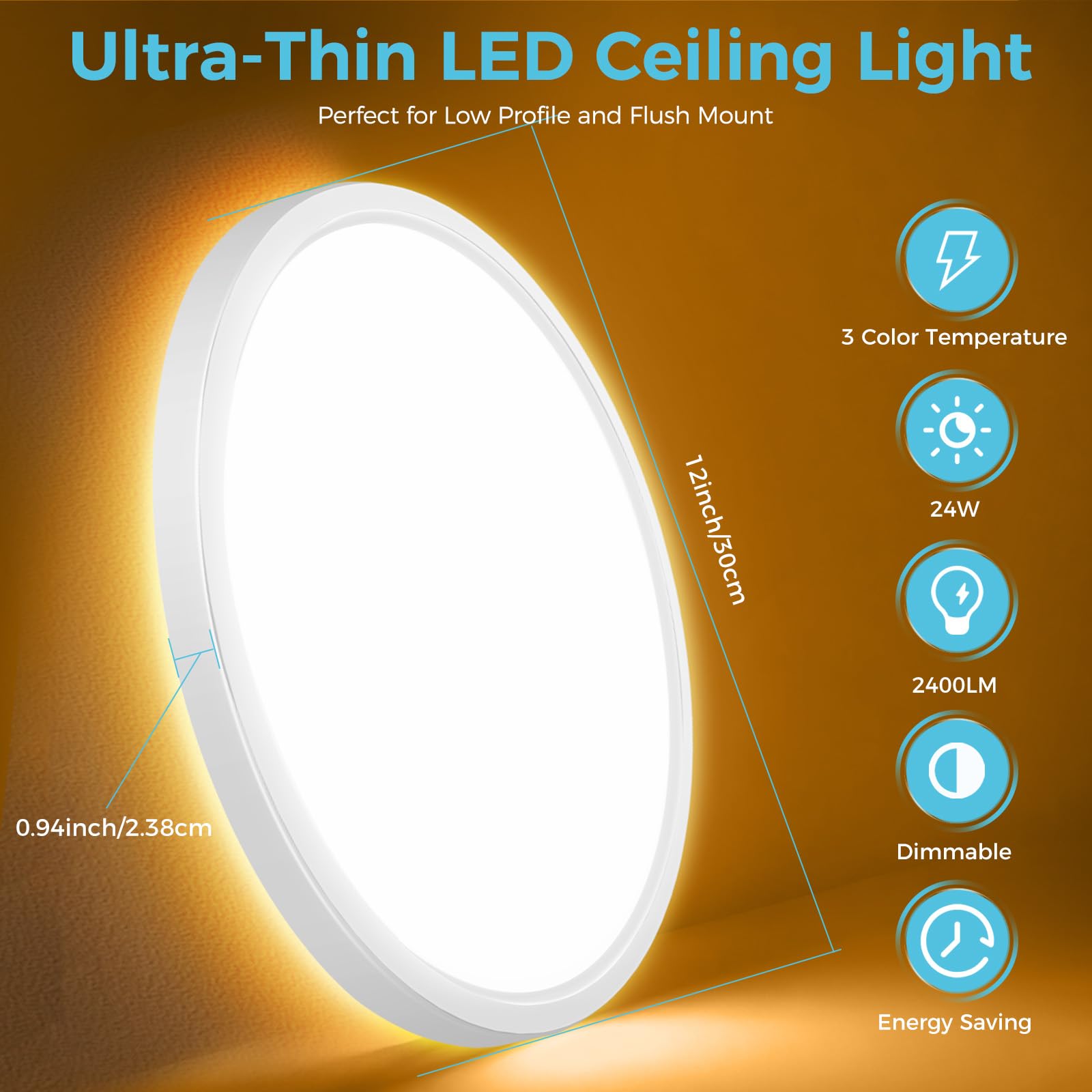 Libtit 12 Inch White Led Ceiling Light With Night Light 1800K, 3000K/4000K/6500K Dimmable Flush Mount Ceiling Lamp With Remote C
