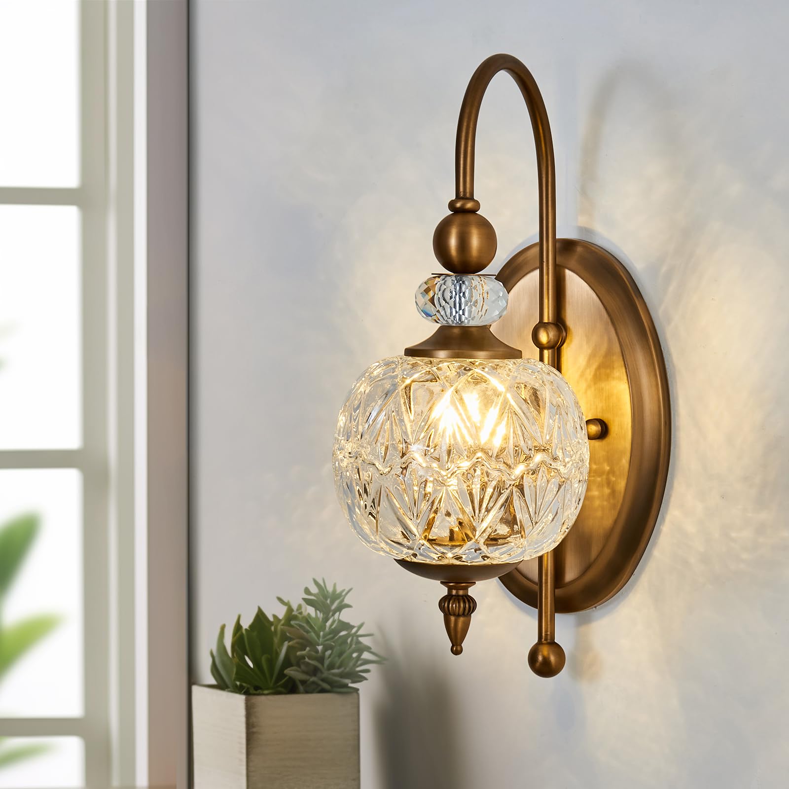 Piepooye Vintage Gold Wall Sconce, 1 Light Metal with Glass Globe Shade, Mid Century Brushed Brass, Model R-3008 for Indoor Use