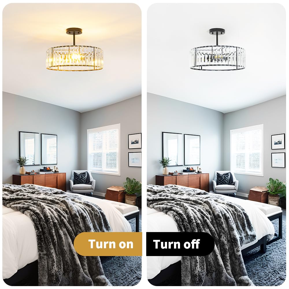 Modern Crystal Ceiling Light Fixture  Semi Flush Mount Ceiling Light  Matte Black Hallway Lighting Fixtures Chandelier  Crystal Chandelier For Kitchen Bedroom Dining Room Closet  5-Light  16 Inch