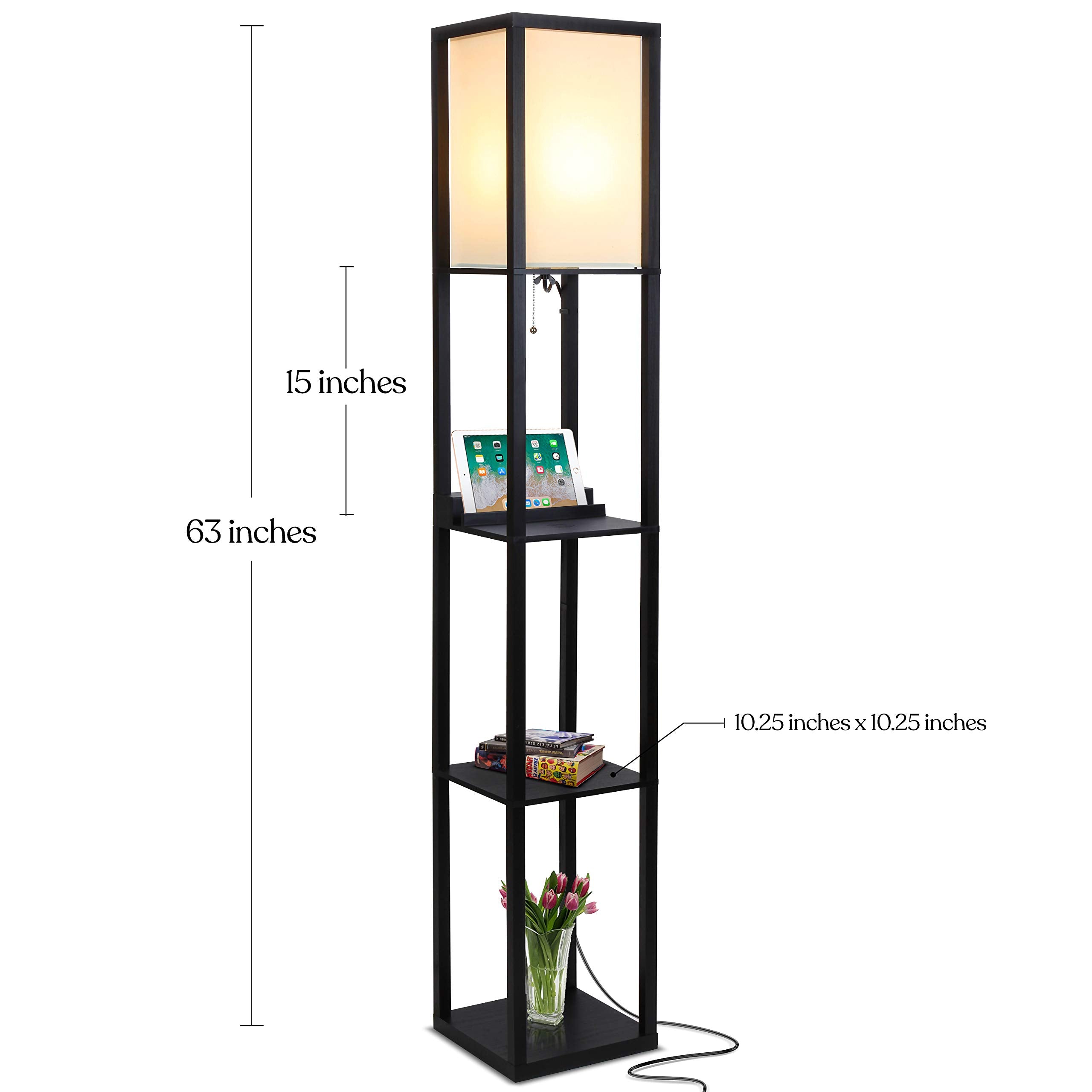 Brightech Maxwell Modern Shelf Floor Lamp with USB Ports & Wireless Charging - Black, Wood, Versatile Storage Solution for Living Room, Office, Bedroom