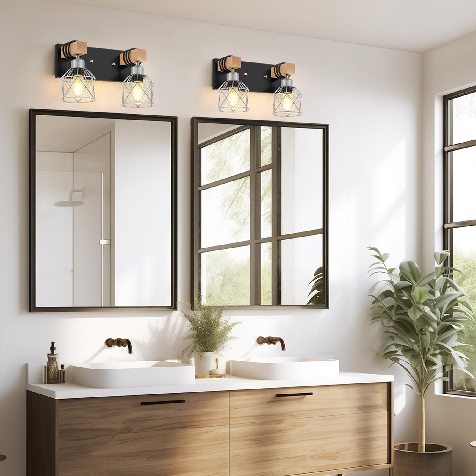 FadimiKoo Rustic 2-Light Bathroom Vanity Fixtures, Black & Silver Metal Shade, Wood & Metal, Model BS-XLZ-2 Lights