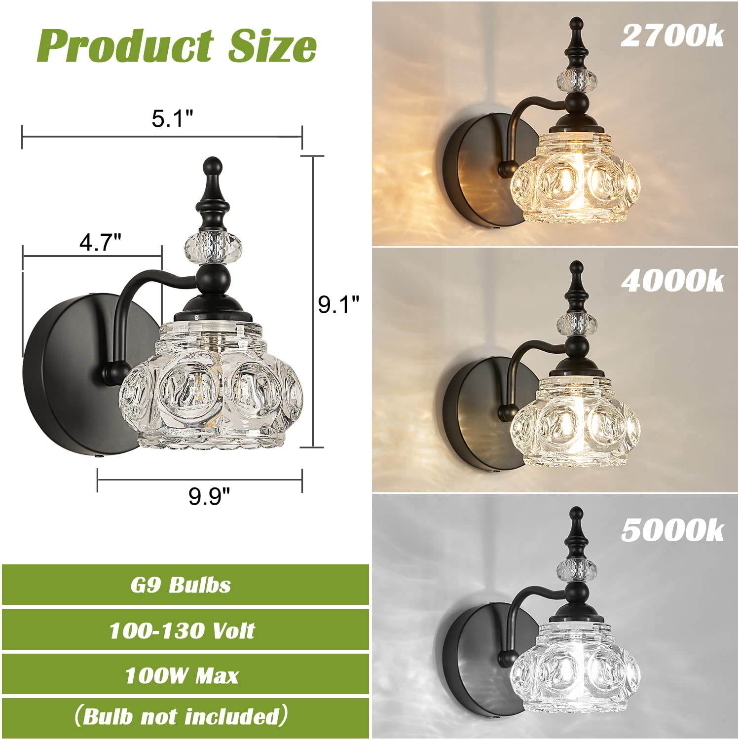Zilanl 2-Pack Black Wall Sconces With Glass Shade - Rust-Proof Bathroom Lighting Fixtures
