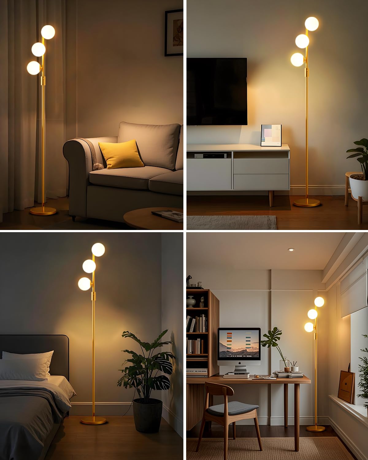 Acohook 64In Dimmable Gold Floor Lamp, Tall Standing Lamps With 3 Globe Soft Warm White Eye Care 3000K G9 Bulbs, Mid Century Mod