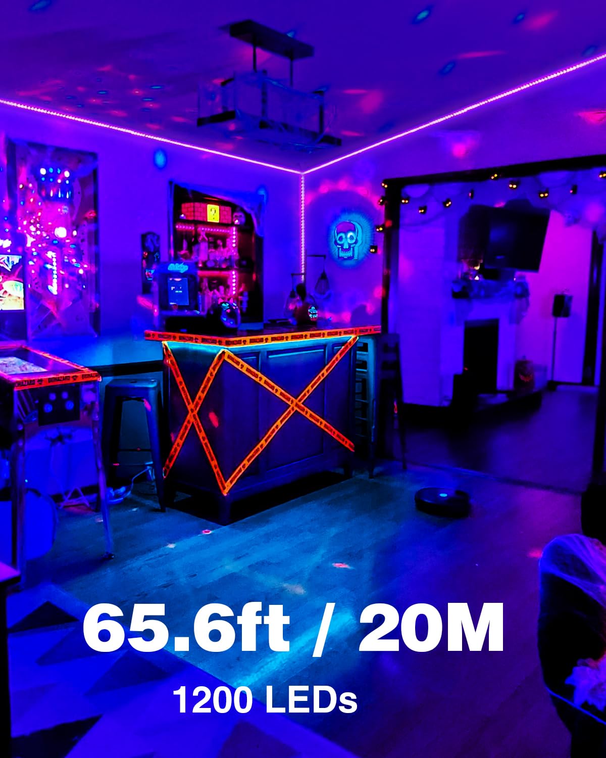 Onforu 65.6Ft Led Black Light Strip, 1200 Units Lamp Beads, 12V Flexible Blacklight Fixtures, 20M Led Ribbon, Non-Waterproof Black Lights For Glow Party, Indoor Birthday Halloween Party, Body Paint