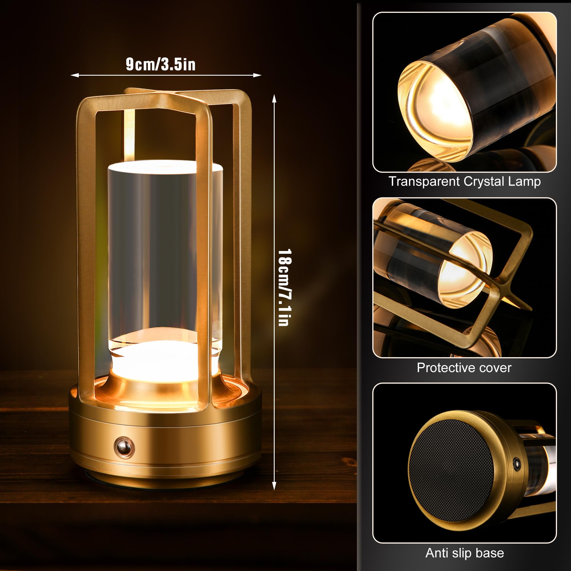 Portable Metal Table Lamp,Cordless Table Lamp, Rechargeable Battery Operated Lights, Led Table Lamps, 3 Color Stepless Dimming Touch, For Bedroom Restaurant Home Outdoor (Golden)