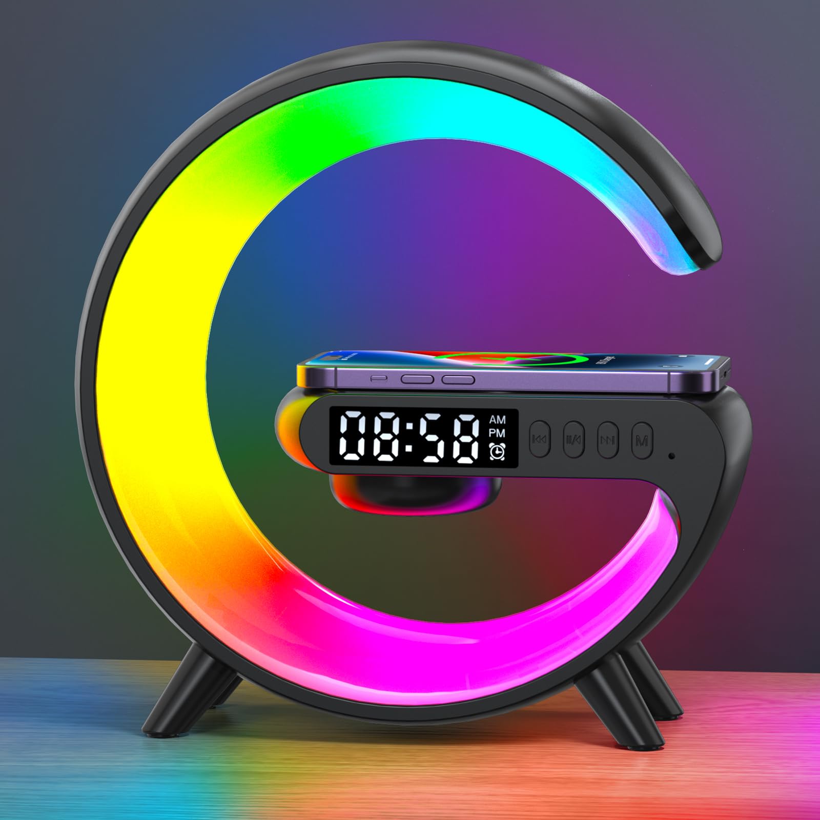 XCDIFA Mini LED Table Lamp with 4-in-1 Wireless Charger, Night Light, Sunrise Alarm Clock, Bluetooth Speaker, Smart Atmosphere T