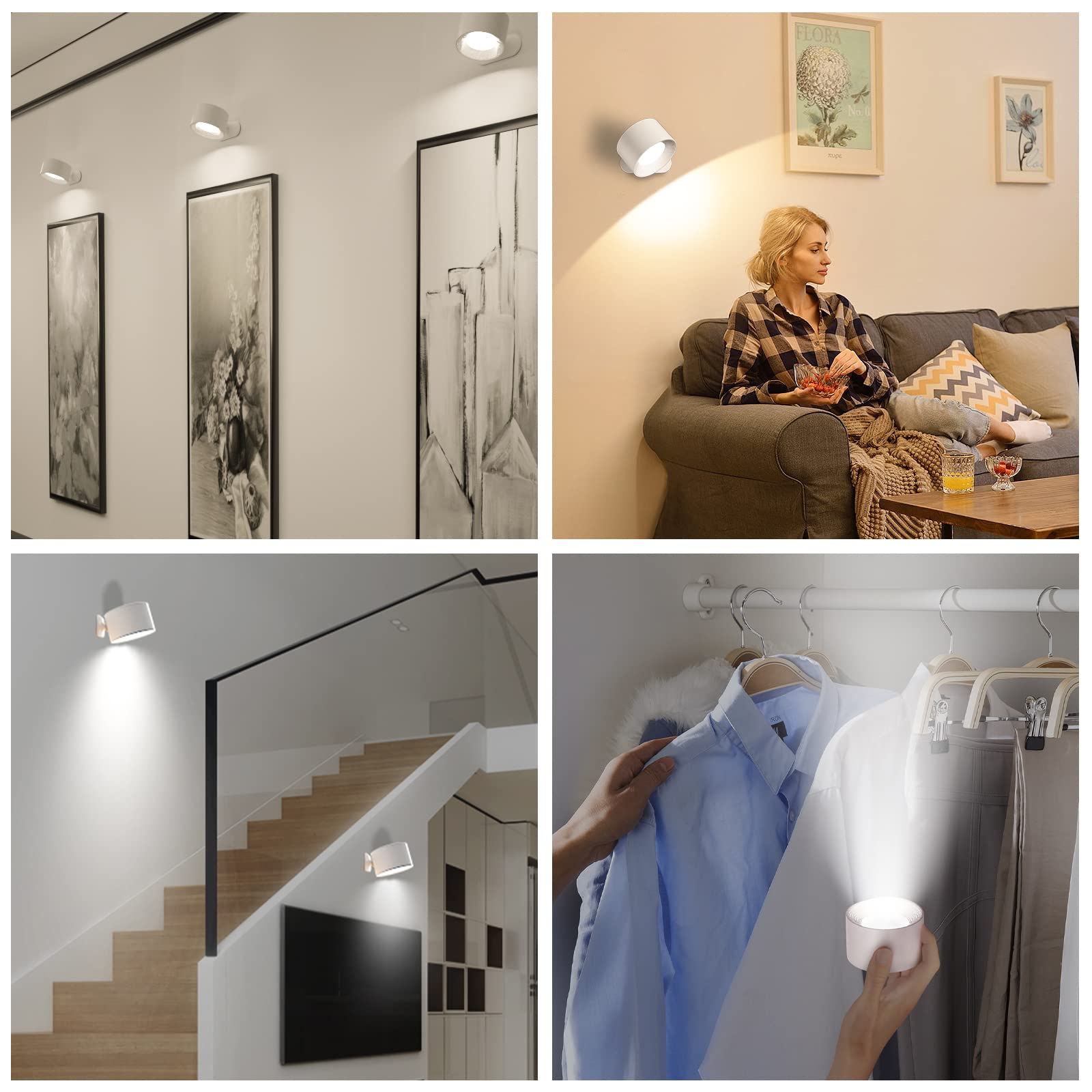 AKSDA LED Wall Light, 360° Adjustable, Touch Control, 3 Color Modes, Battery Operated, White, Model DS126PRO-BS-W