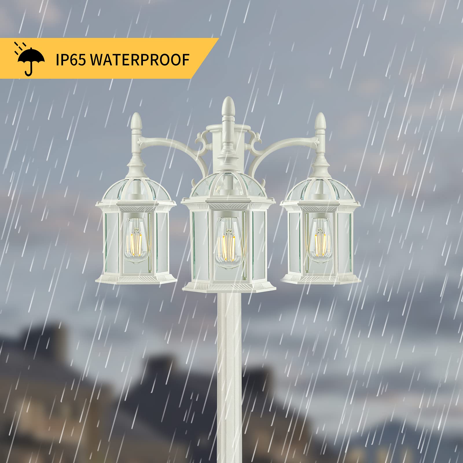 PARTPHONER 3-Head Outdoor Lamp Post Light, Waterproof White Glass Shade, Model PA1201White for Yard, Garden, Patio, Driveway