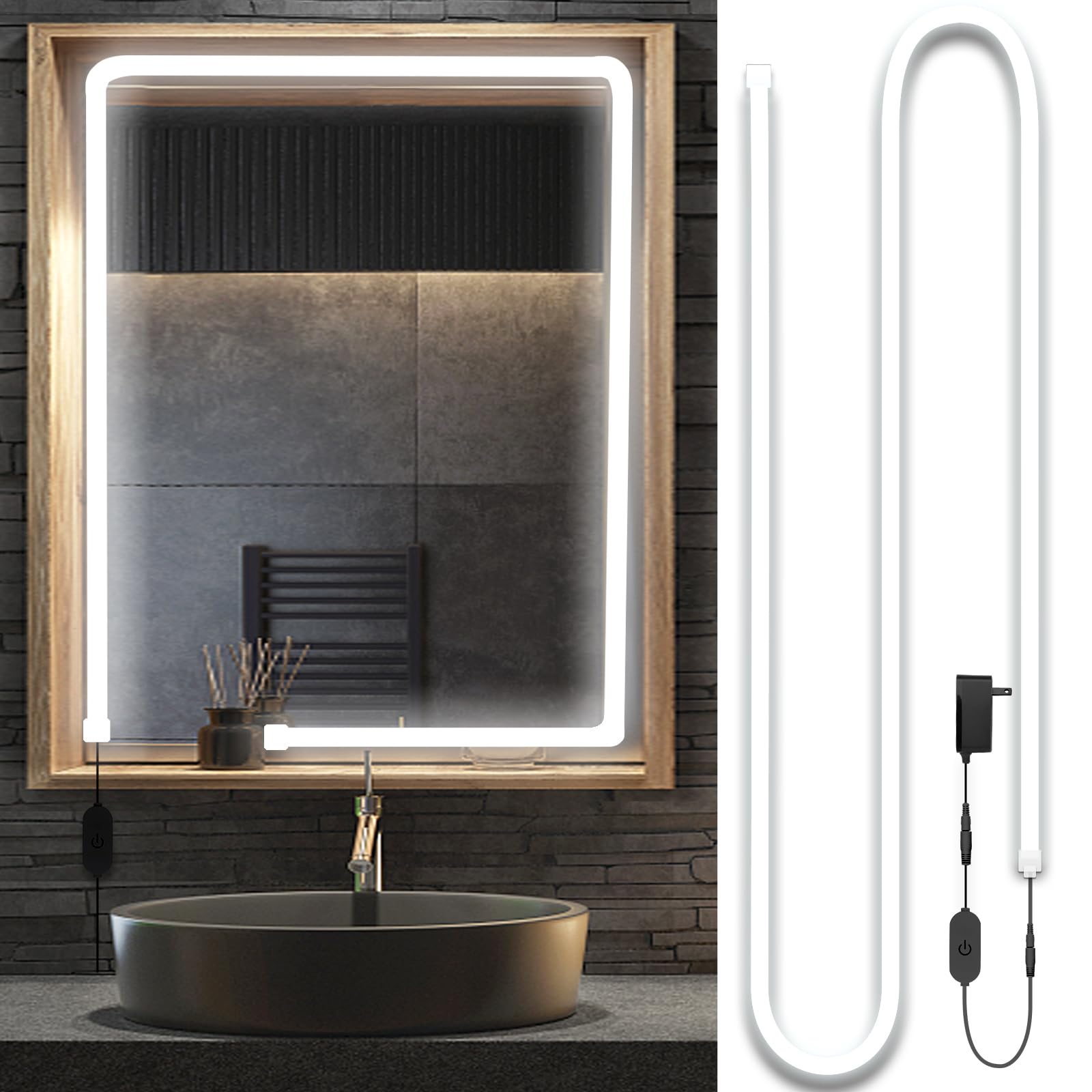 Blikshin LED Vanity Mirror Lights, 10FT Dimmable Self-Adhesive Strip, 6000K, White, Model dd-03m