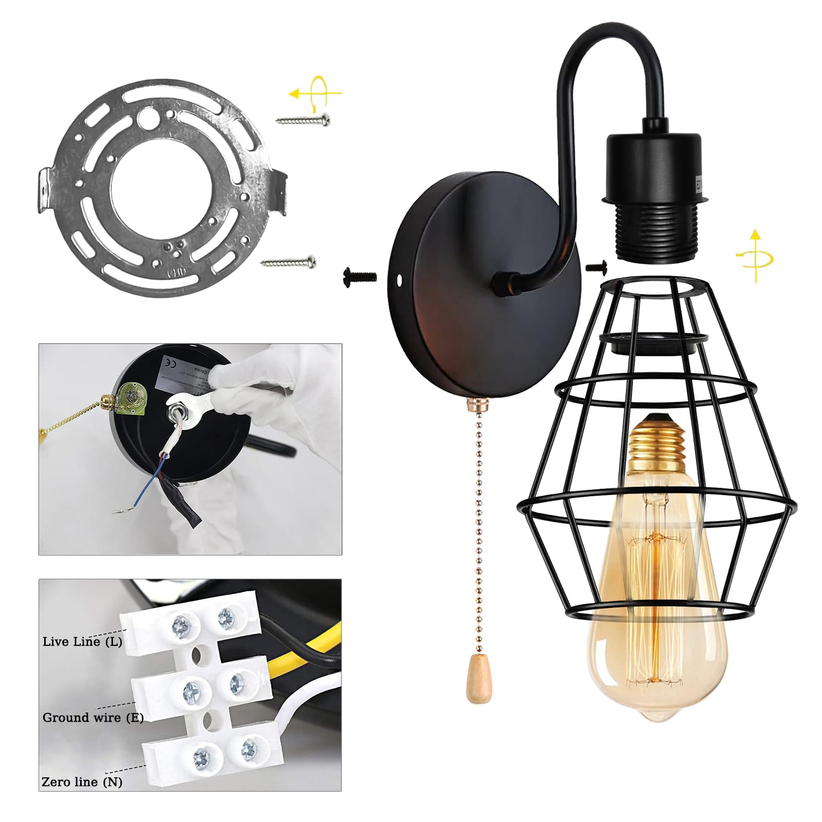 DTIEDY Wall Sconce Light Fixture, Black Metal Wire Cage, 1-Light Hardwired, Vintage Farmhouse Design for Bedroom, Living Room, Kitchen