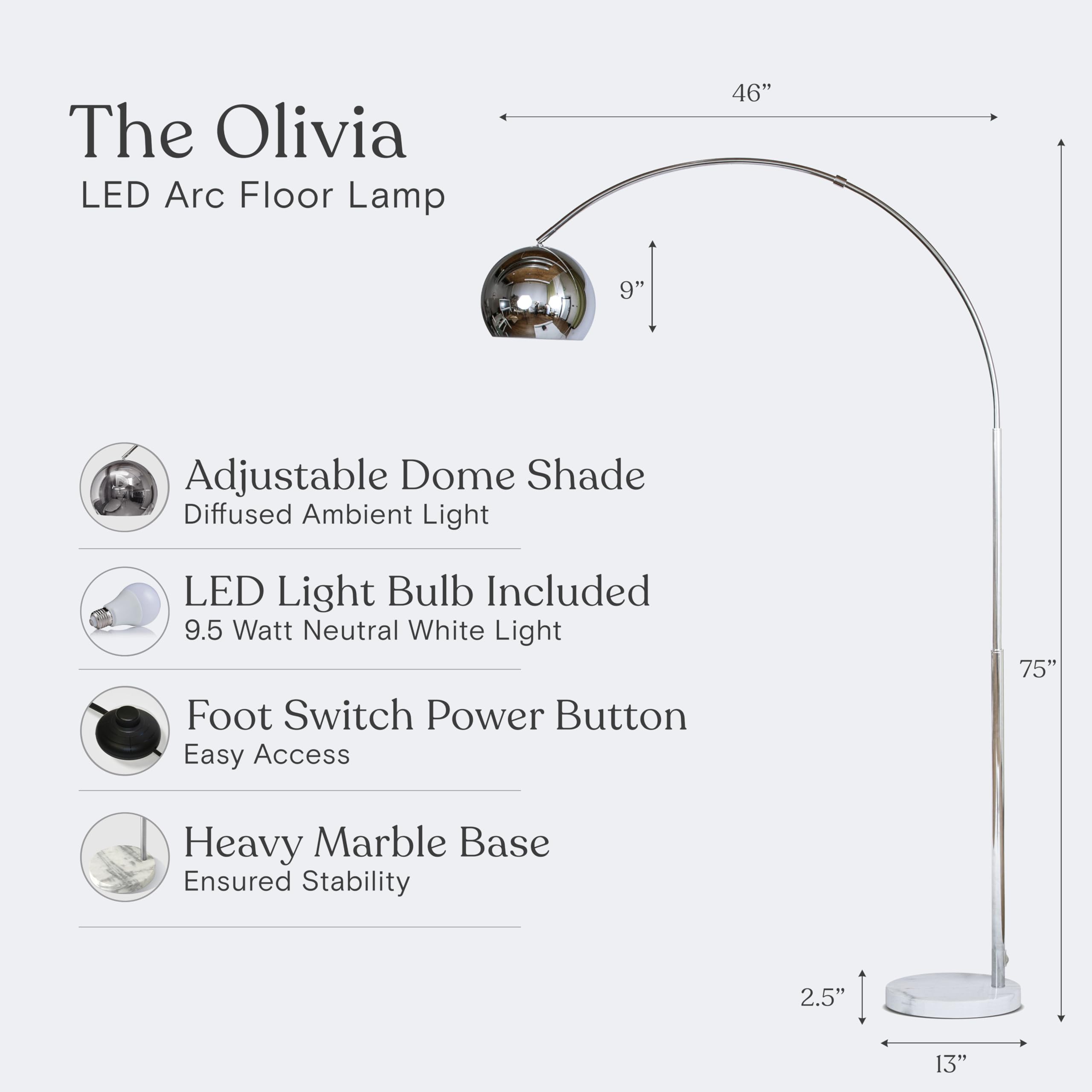 Brightech Olivia Arc Floor Lamp - Chrome, LED Bulbs, Stylish for Living Rooms & Offices, Model FL-OLVA-CRM